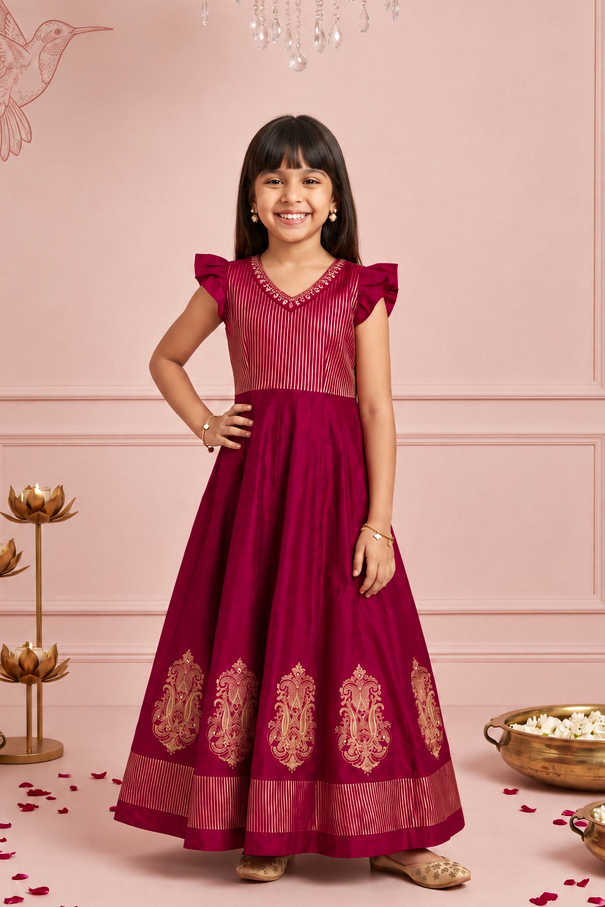 Festive Magenta Paisley & Floral Kids Anarkali