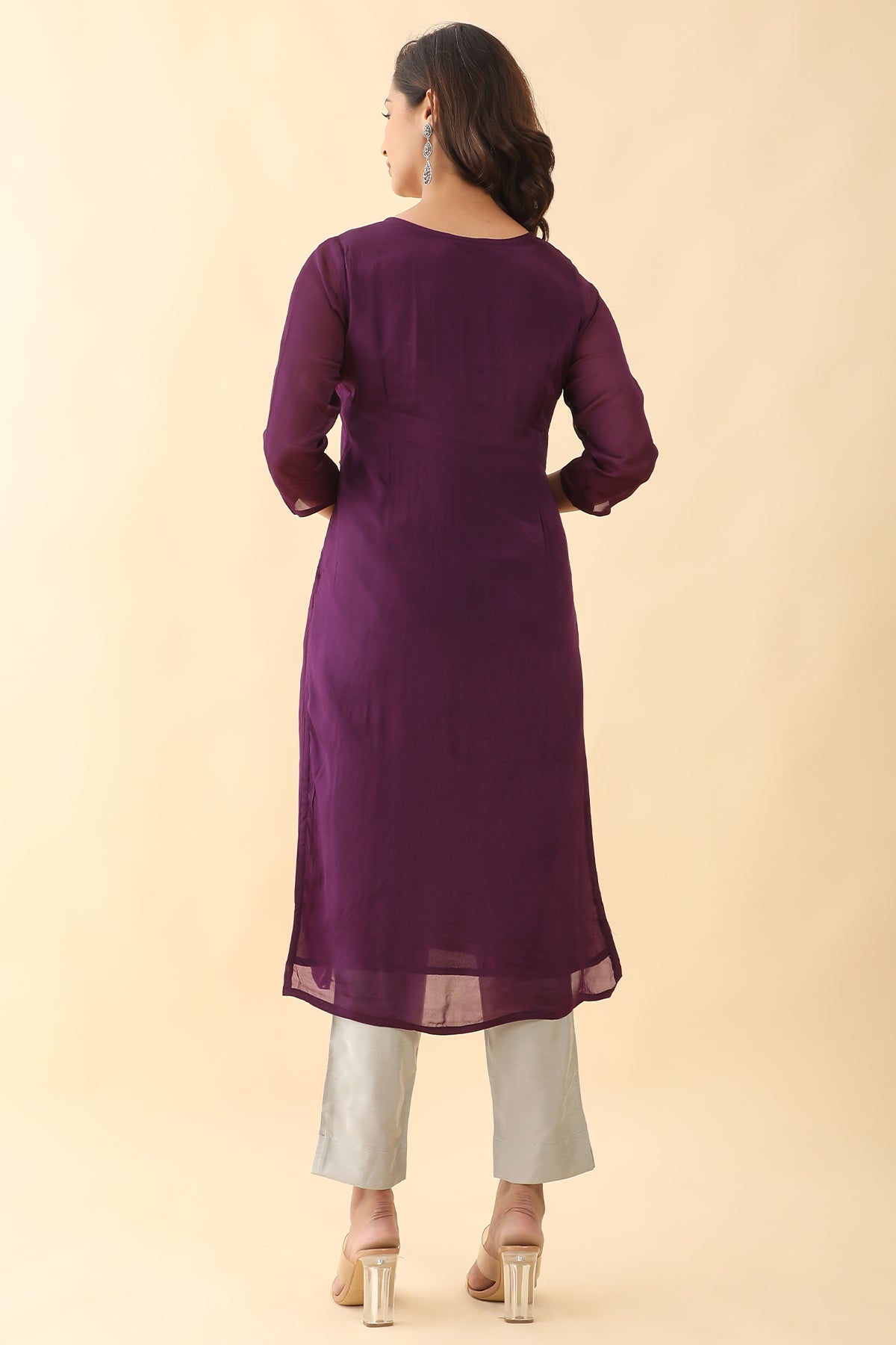 All Over Floral Embroidered With Foil Mirror Embellished Kurta Purple