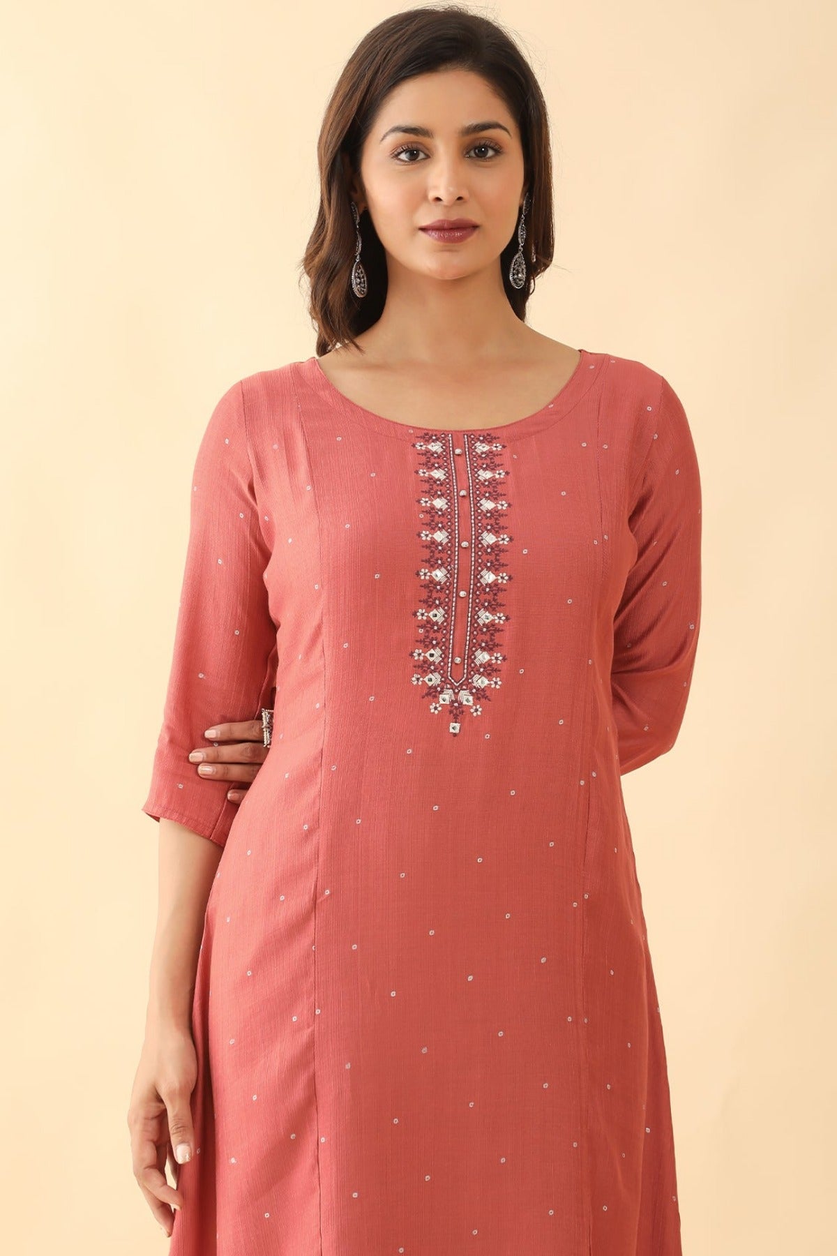 Foil Mirror Embellished With Floral Embroidered A line Kurta Peach