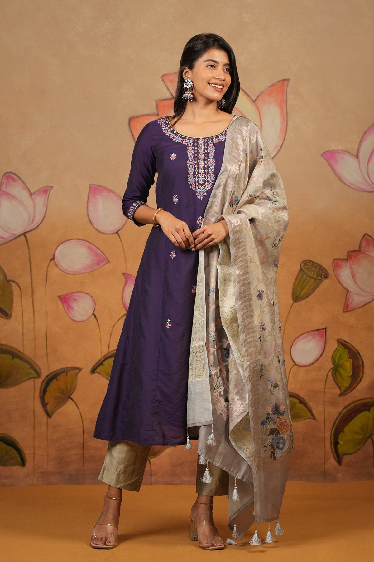 Floral Motif Printed Foil Mirror Embellished Kurta Set With Brocade Dupatta Purple Grey
