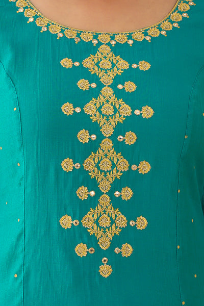 Contrast Floral Embroidered With Foil Mirror Embellished Kurta Blue