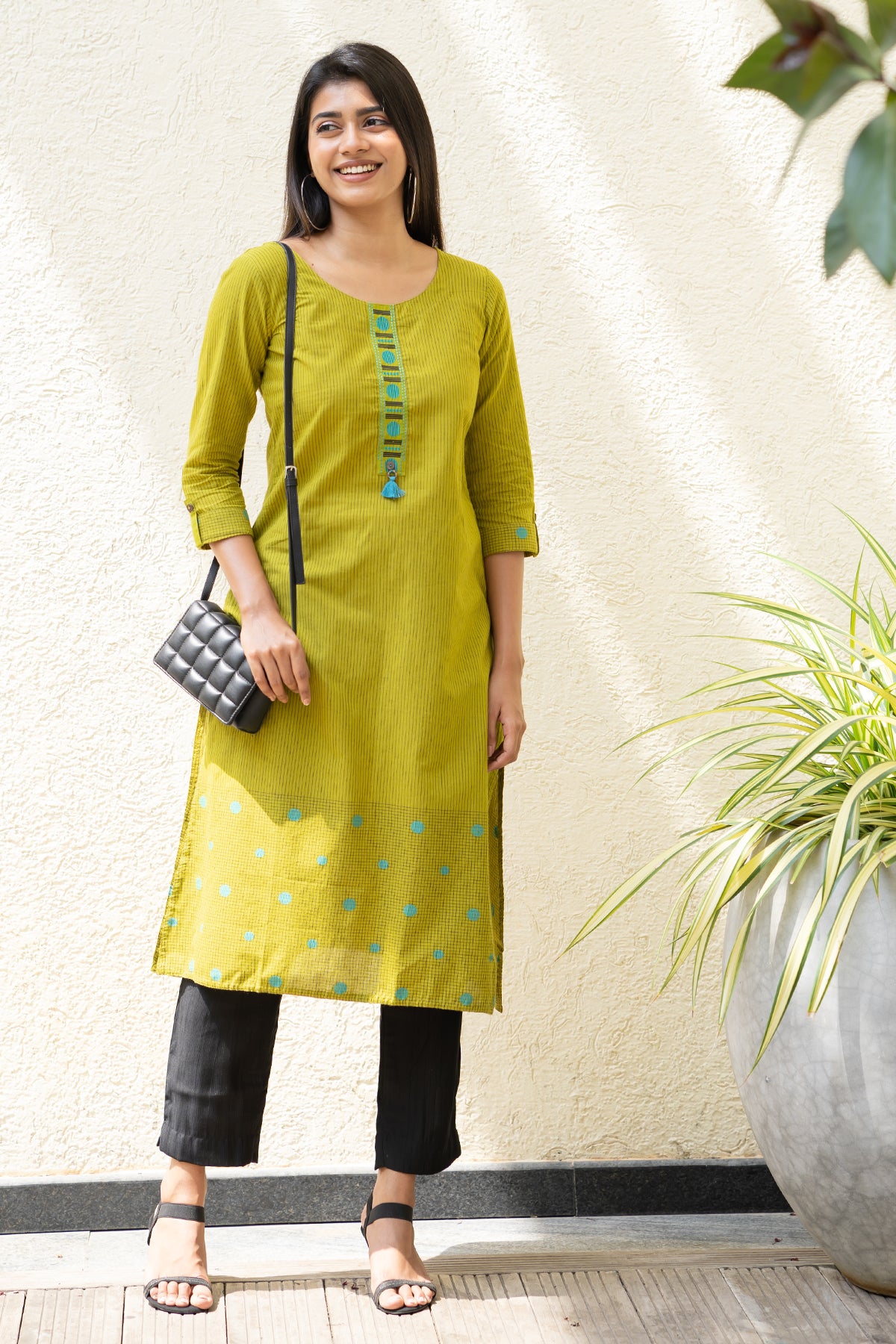 All Over Geometric Motif Dobby Weave Kurta Green