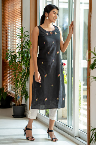 All Over Floral Embroidered Kurta - Black