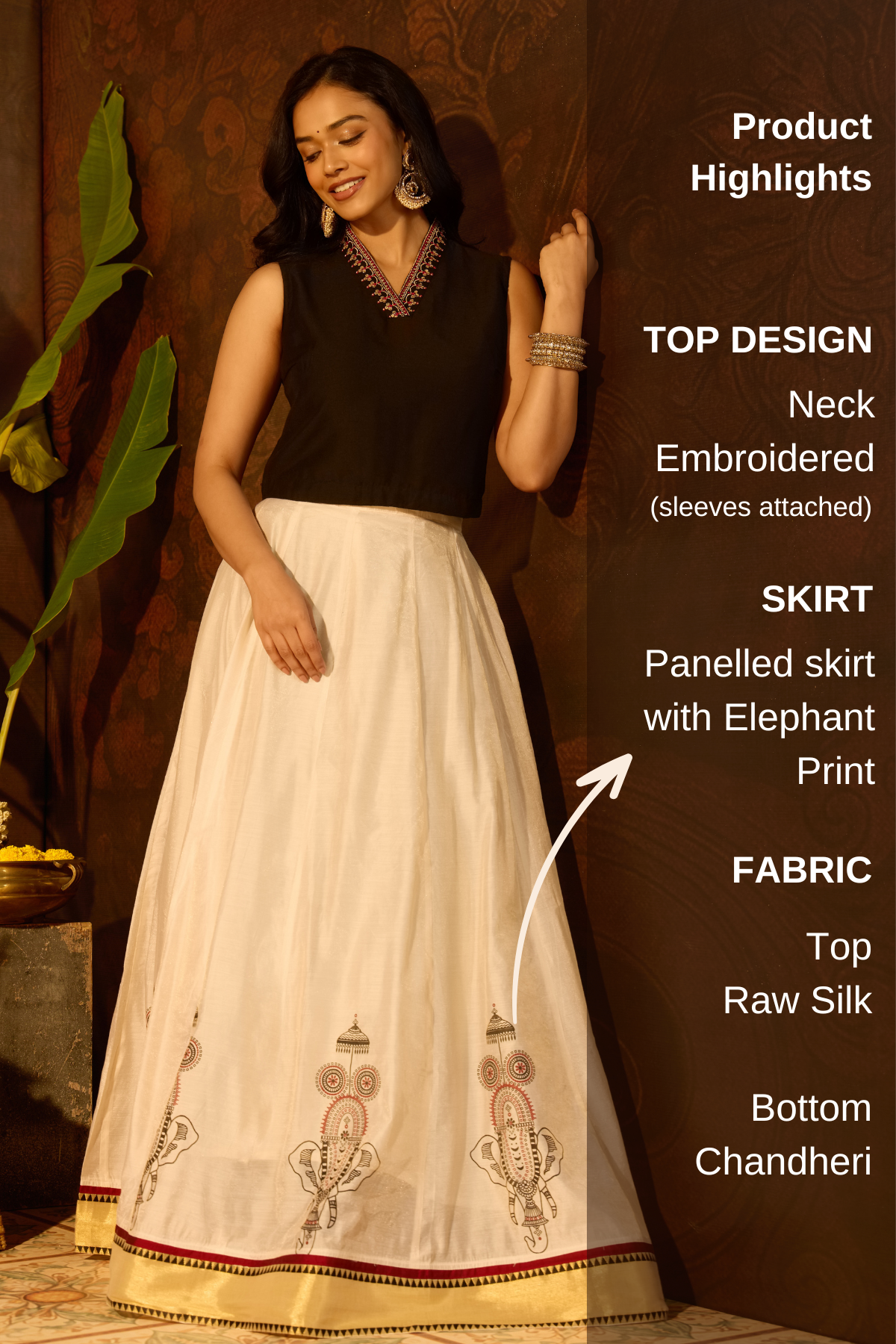 Elephant Printed Black & OffWhite Onam Skirtset with Embroidered Top