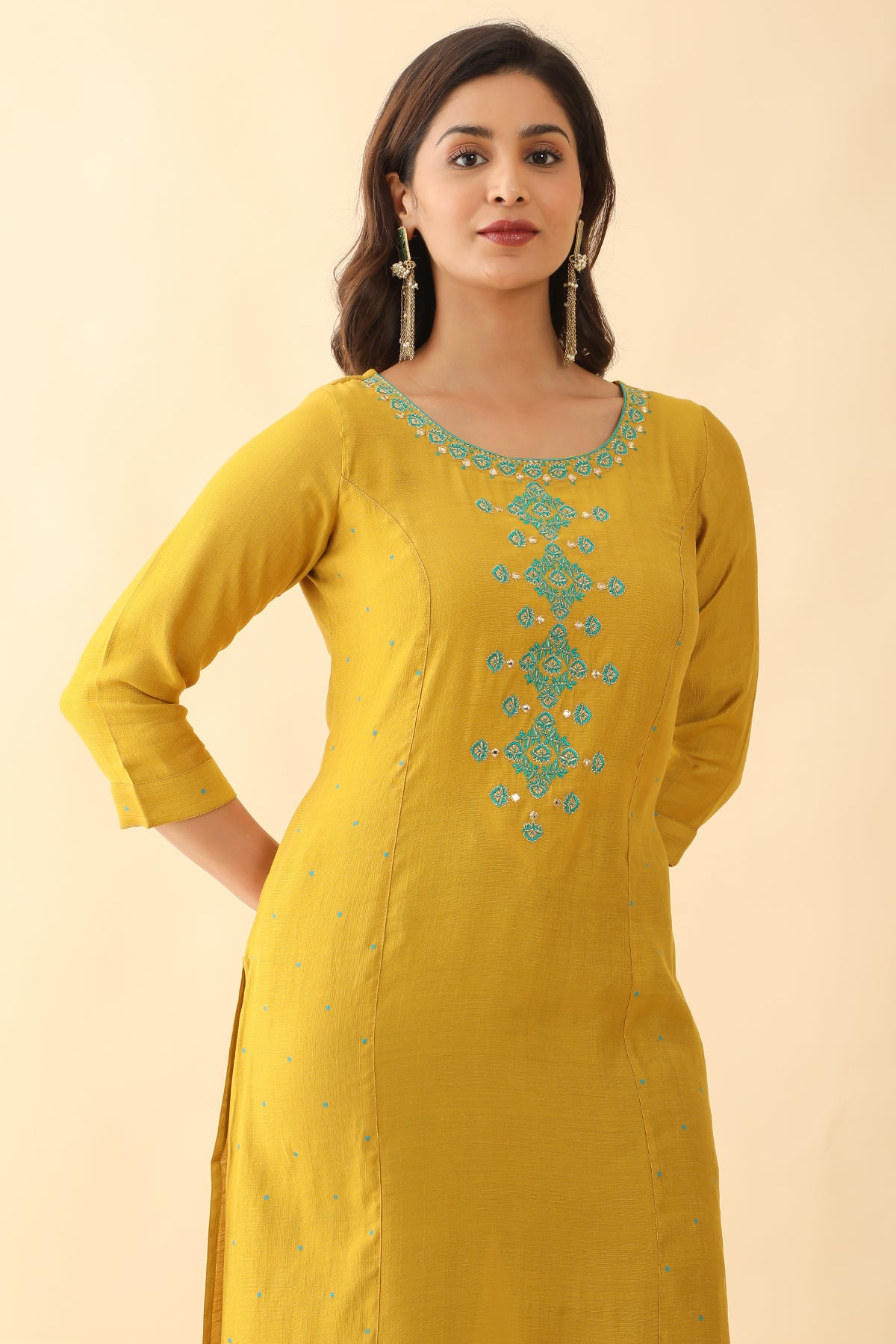 Contrast Floral Embroidered With Foil Mirror Embellished Kurta Yellow