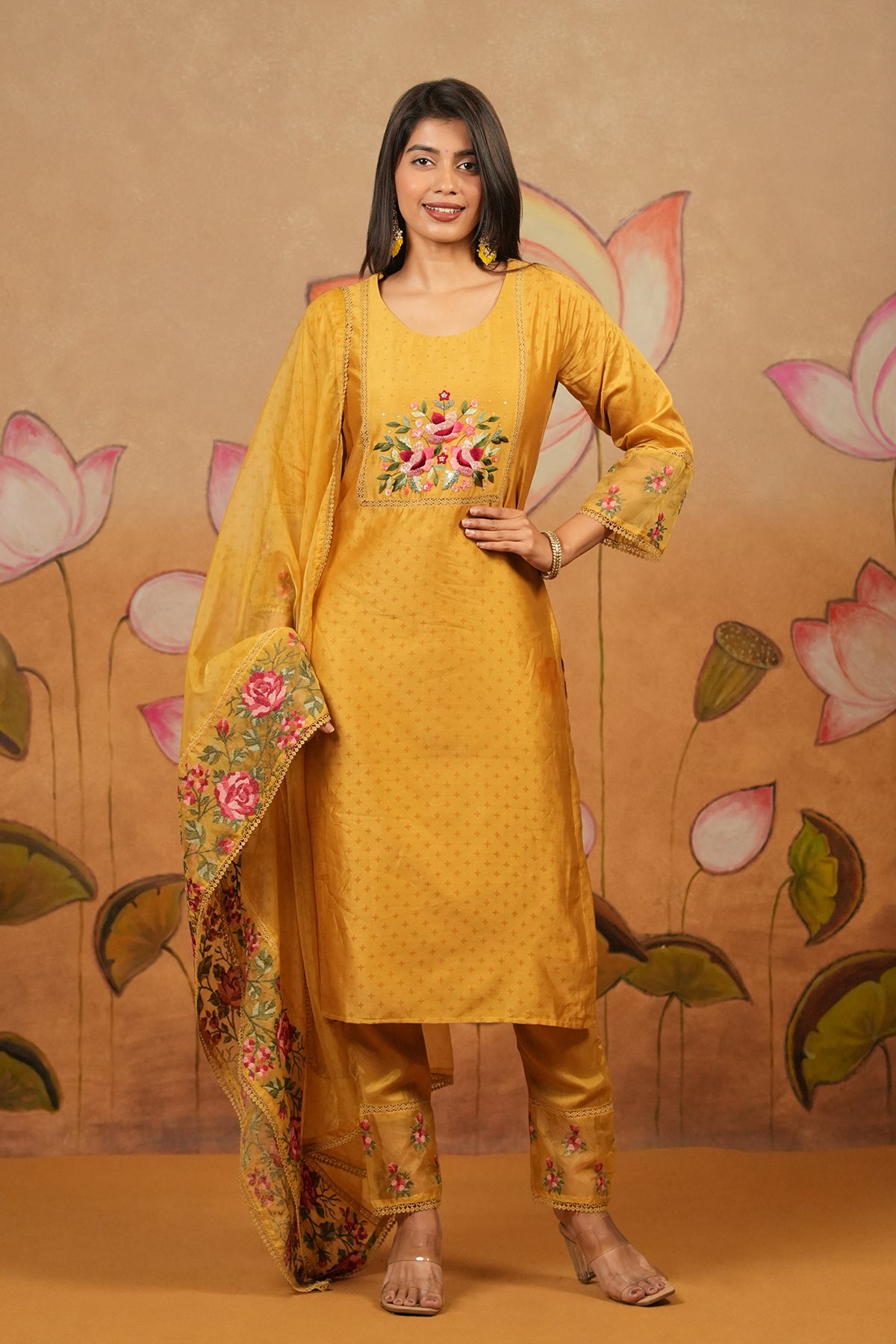 Sequin & Floral Embroidered Yoke Kurta Set With Embroidered & Laced Organza Dupatta - Mustard