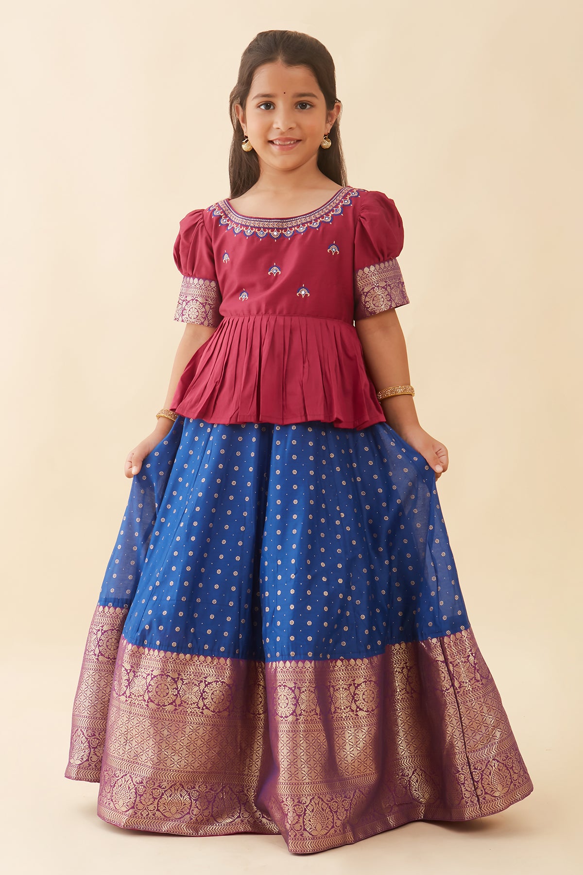Jewel Inspired Embroidered Neckline Top & Floral Printed With Zari Border Kids Skirt Set - Pink & Blue