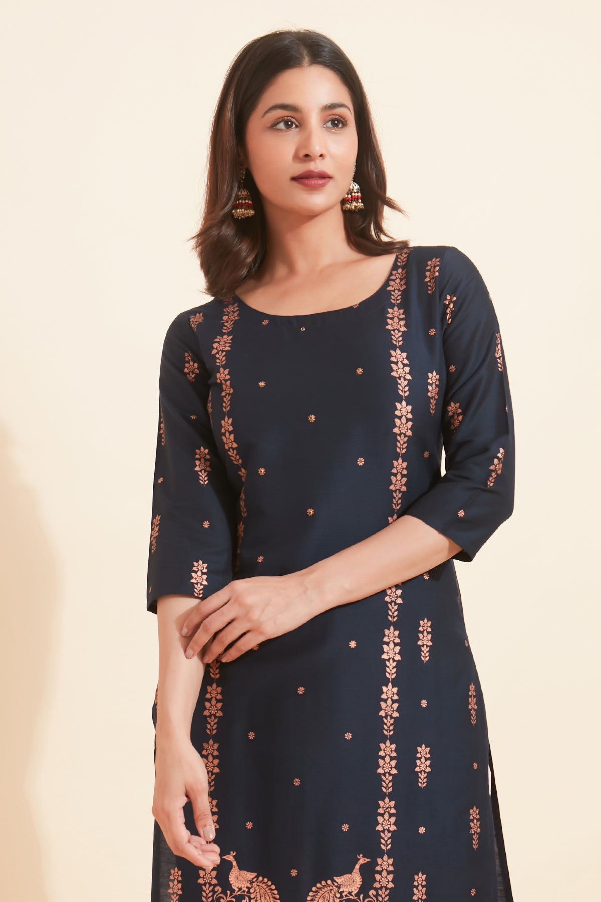 All Over Floral Printed With Stone Embellished  Kurta - Blue