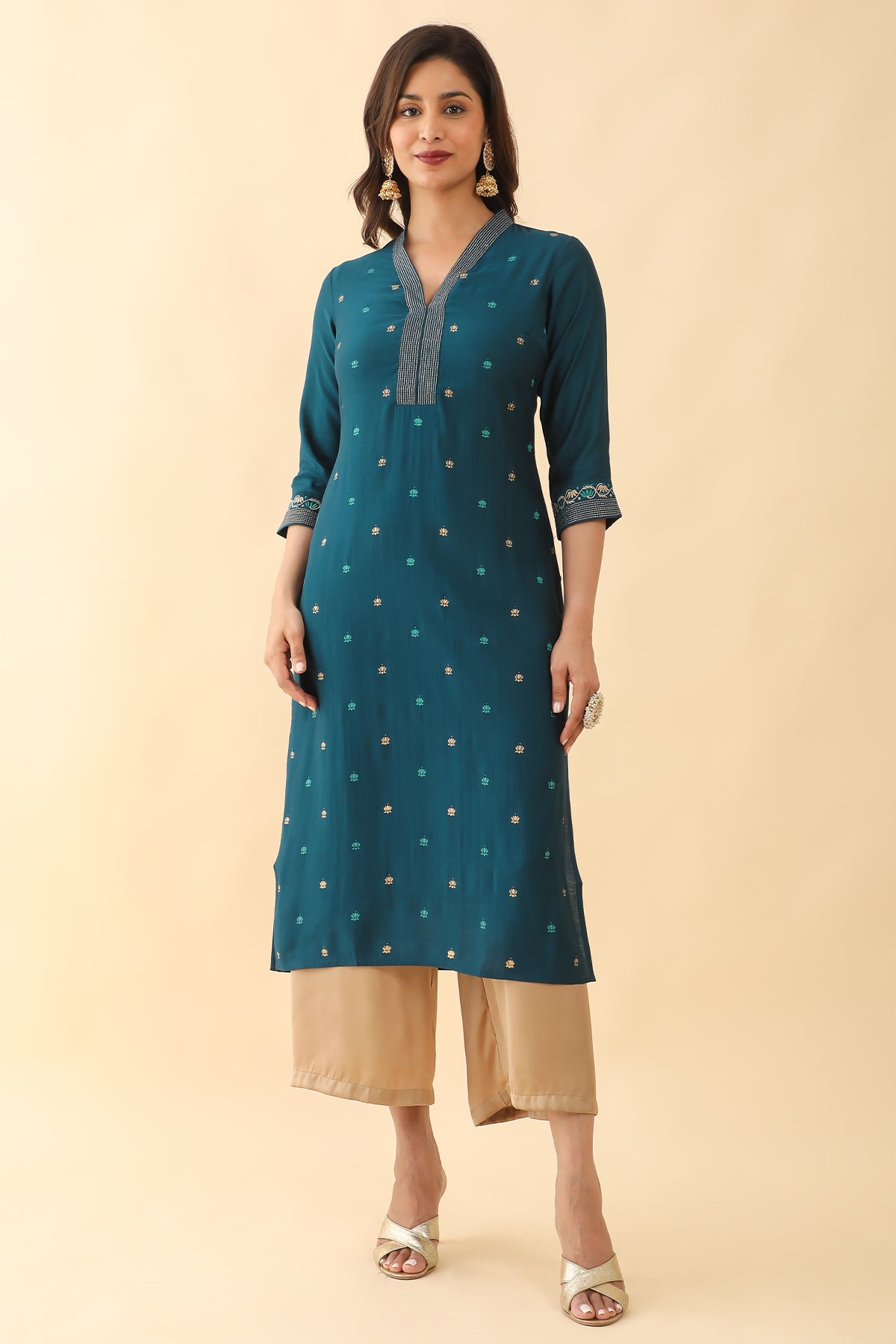 All Over Lotus Printed Embroidered Kurta Blue