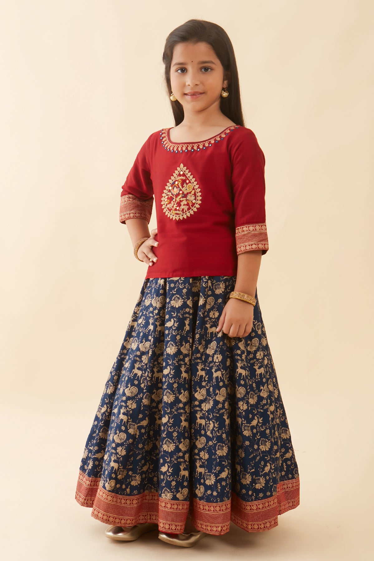 Peacock & Deer Embroidered & Printed Kids Skirt Set - Red & Navy