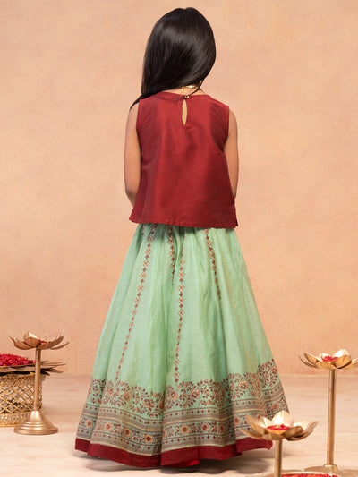 Contrast Geometric Embroidered Sleeveless Peplum Top & Printed Skirt Set - Maroon & Green