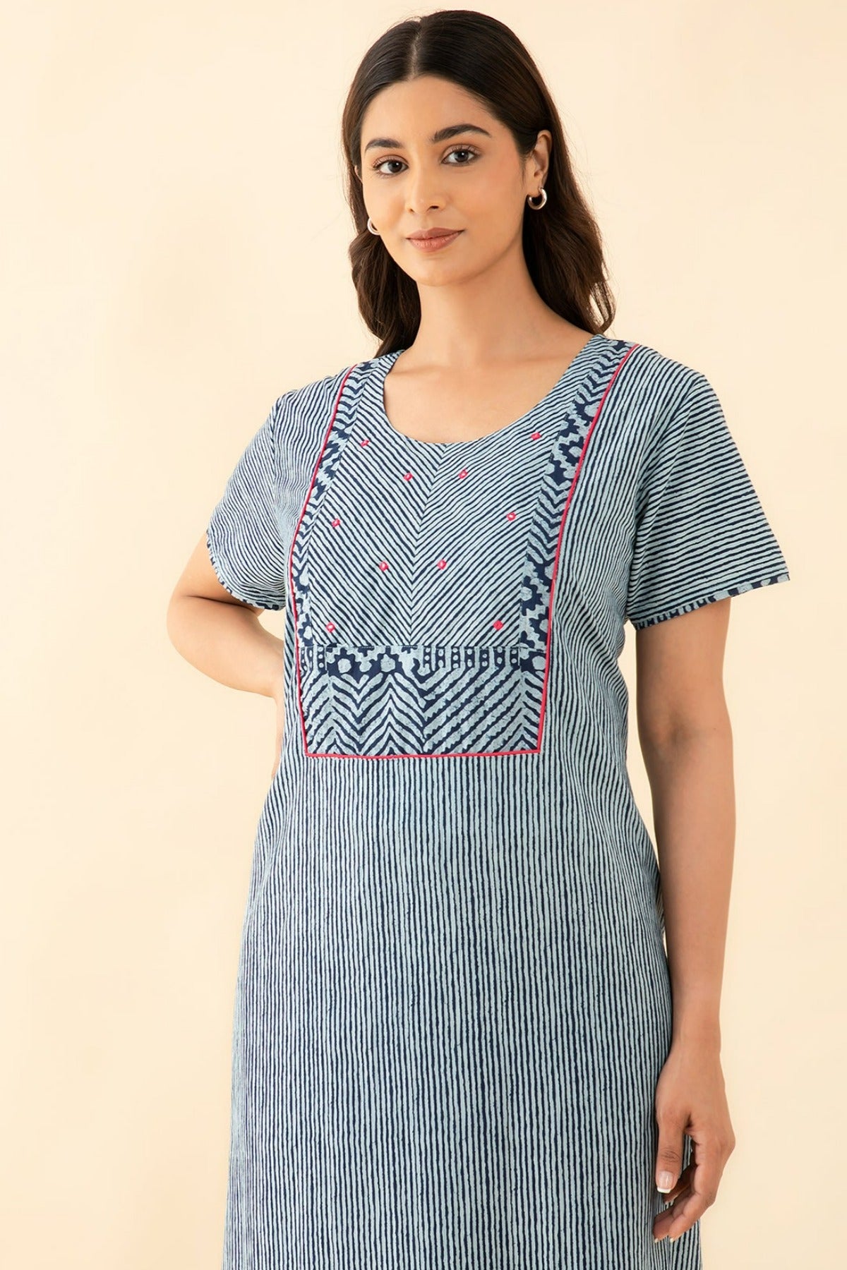 All Over Striped With Foil Mirror Embellishment Nighty - Blue