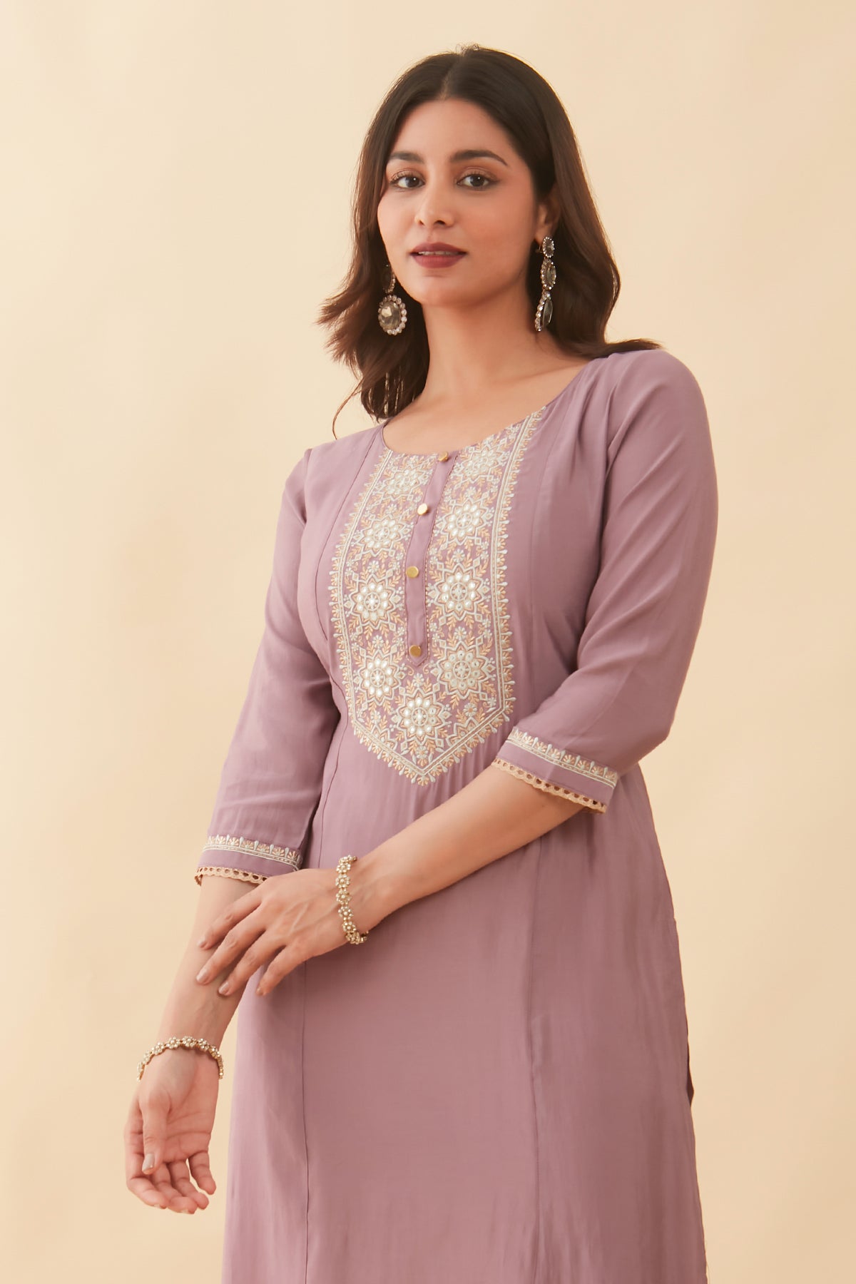 Mandala Embroidered With Foil Mirror Embellished Kurta Violet