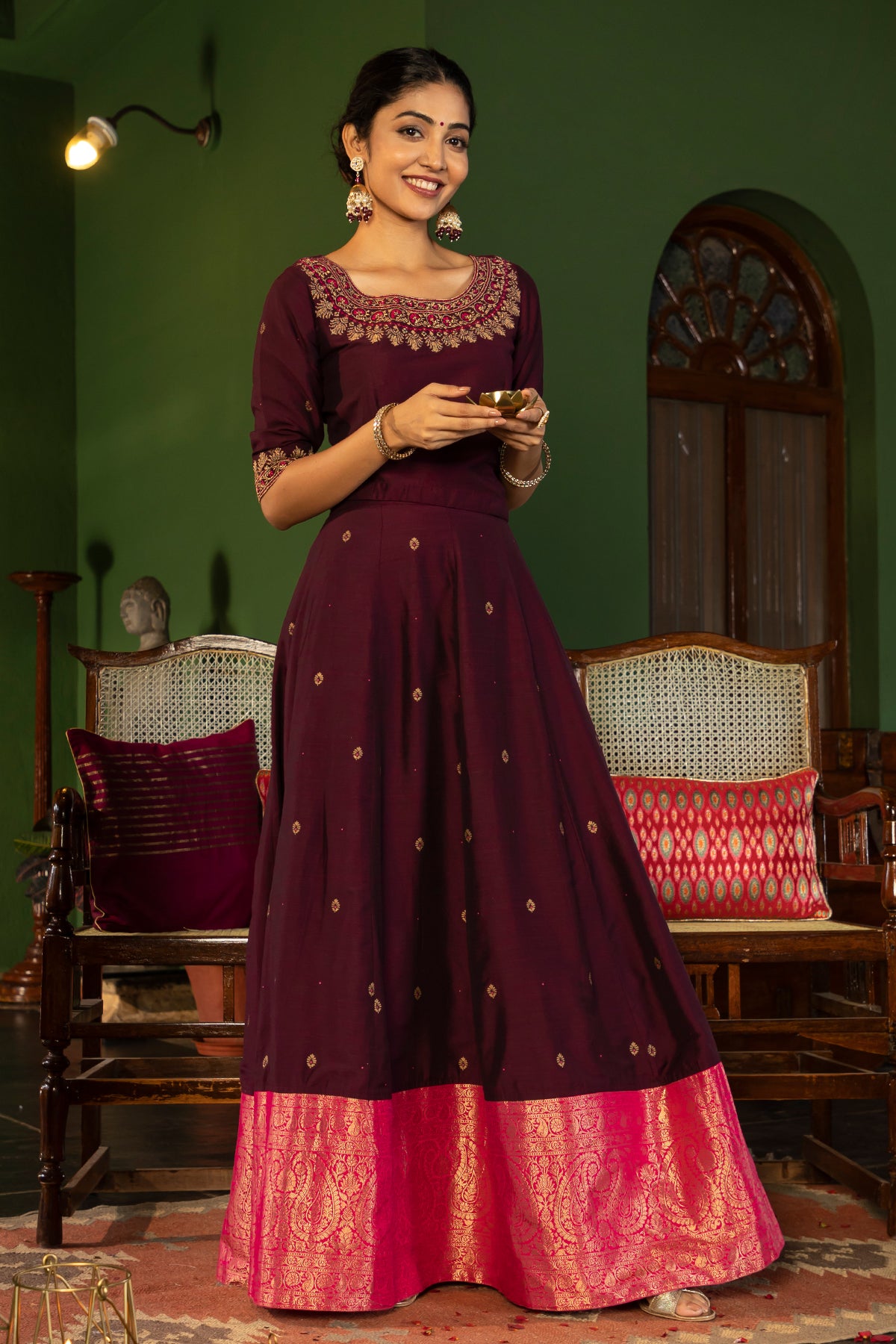 Floral Embroidered Neckline Top With Silk Zari Border Skirt Set - Burgundy