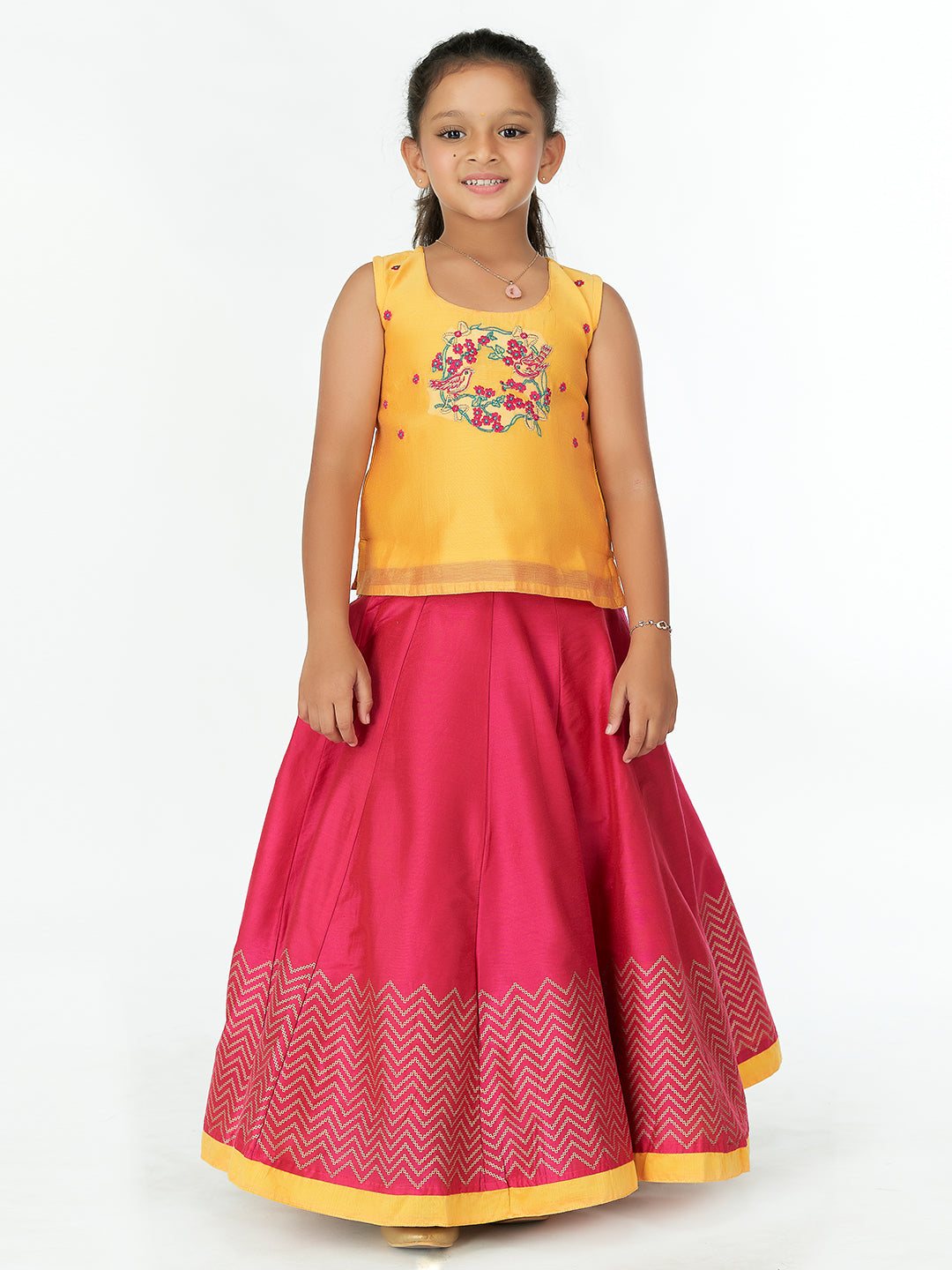 Bird Garland Embroidered Sleeveless Top & Chevron Printed Skirt Set - Yellow & Pink