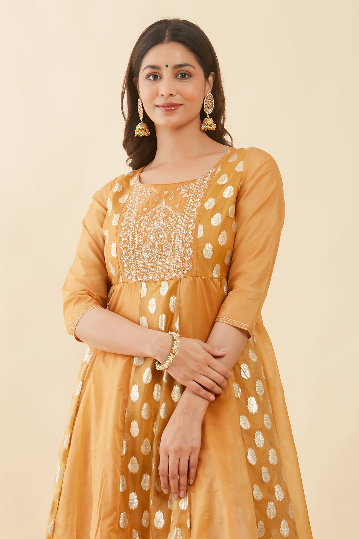 Floral Embroidered Yoke With Brocade Panelled Anarkali Mustard