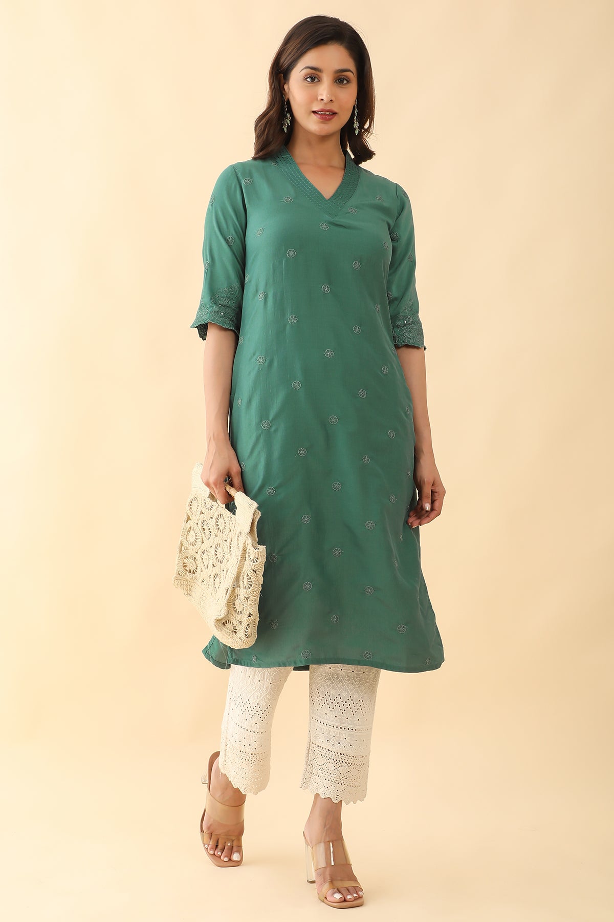 All Over Floral Embroidered Kurta Green