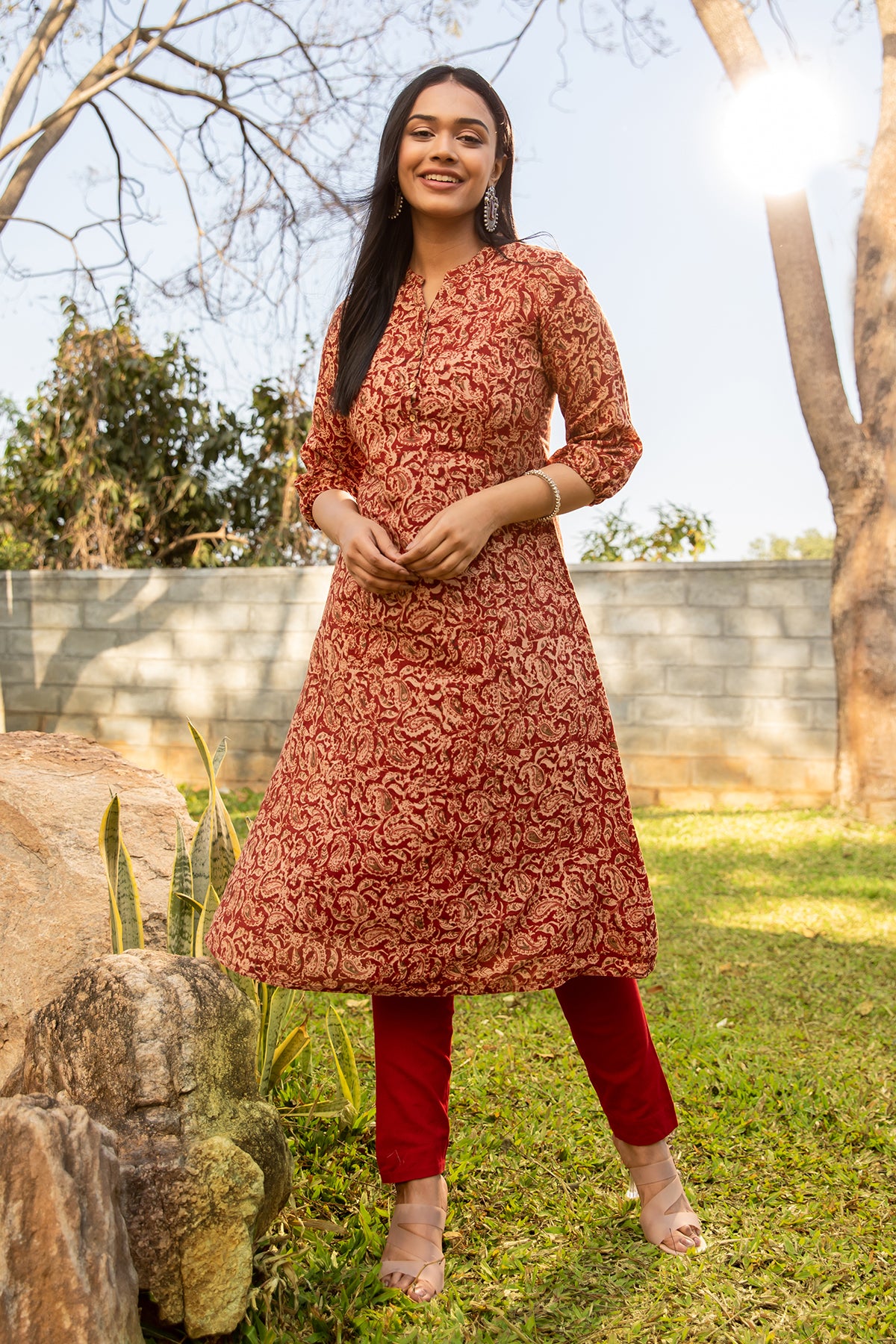 All Over Kalamkari Printed A Line Kurta Red