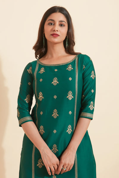 All Over Peacock Motif Printed With Foil Mirror Embellished Kurta - Green