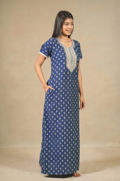 Floral Embroidered Yoke & Mirror Embellished Printed Nighty - Blue
