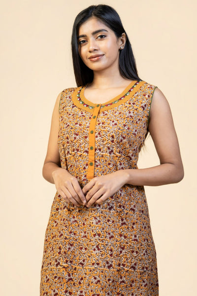 All Over Ajrak Printed Floral Embroidered Sleeveless Nighty - Mustard