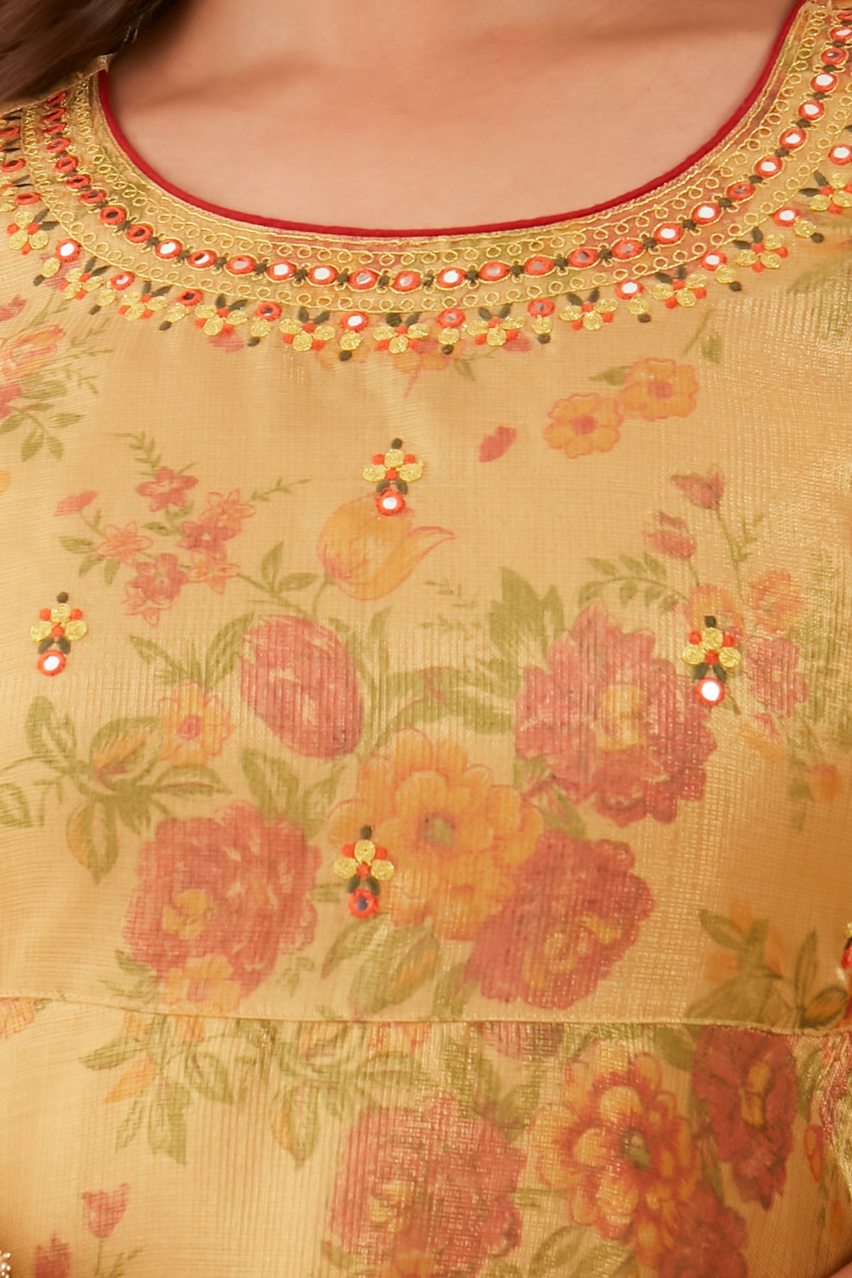 Floral Printed With Silk Zari Anarkali - Gold