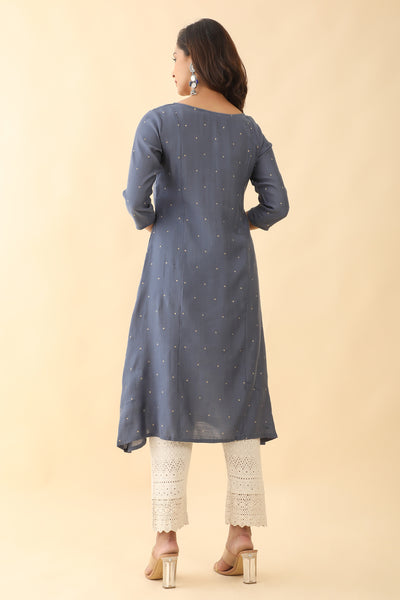 Foil Mirror Embellished With Floral Embroidered A line Kurta Grey