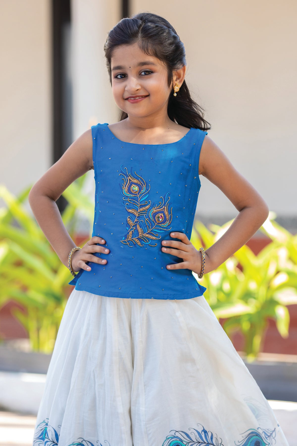 Peacock Feather Placement Embroidered Sleeveless Top & Printed Skirt Set -  Blue & White