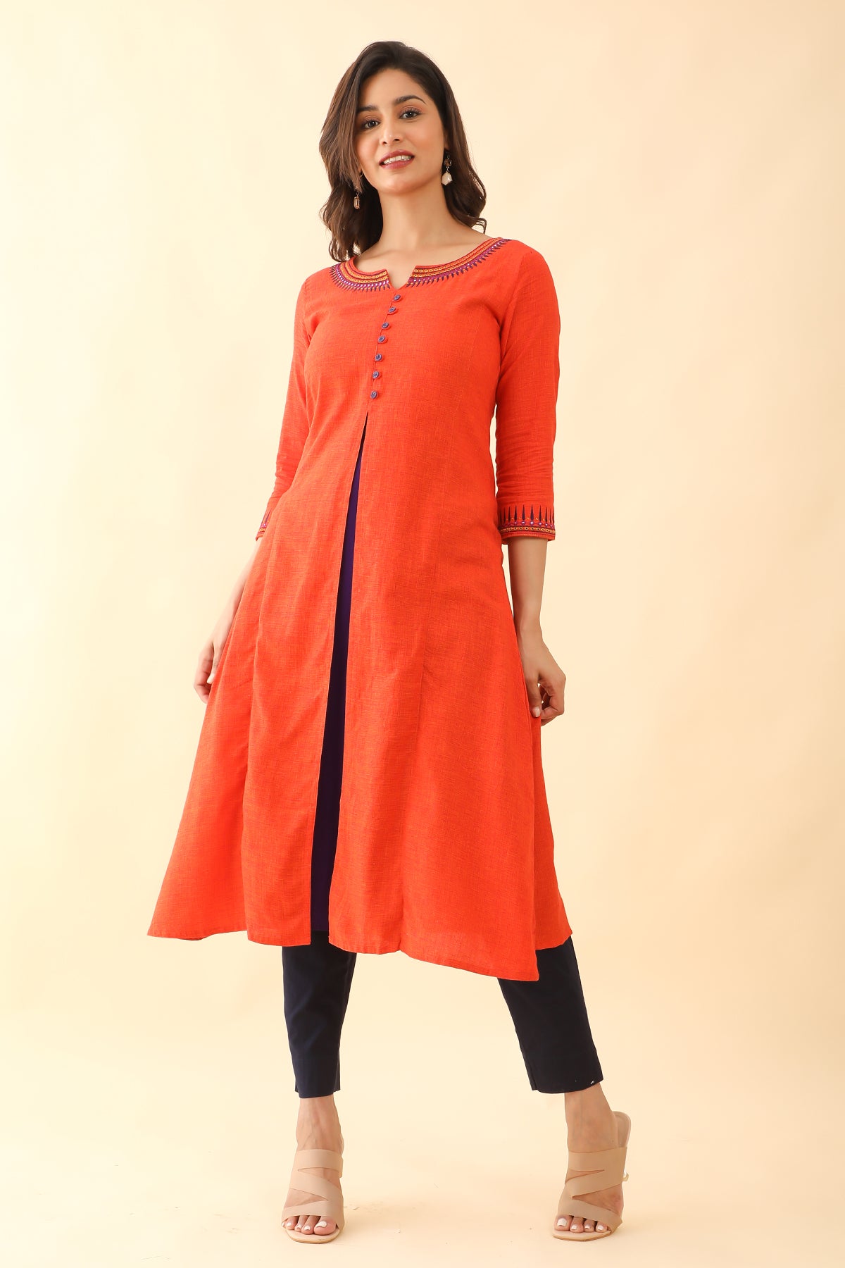 Jewelled Embroidered With Contrast Front Slit Kurta Orange