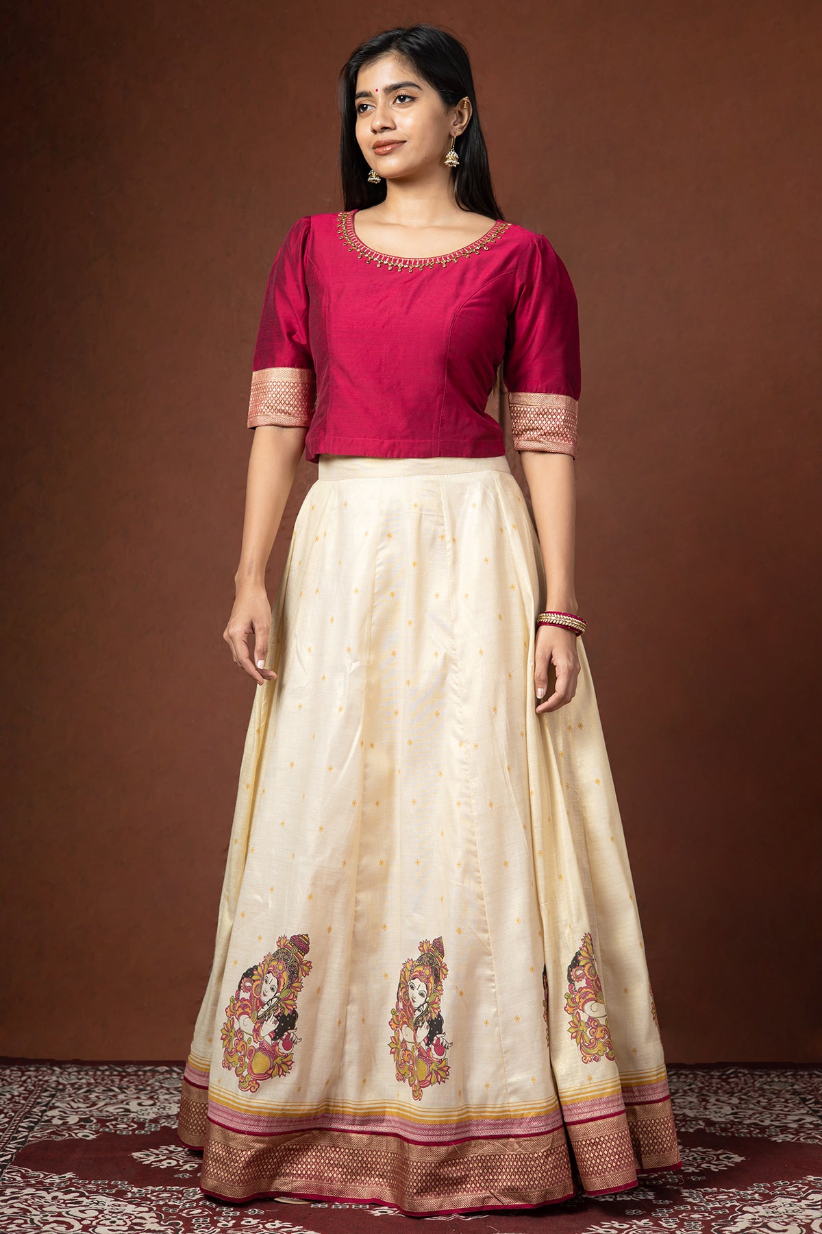Kundan Stone Embellished Crop Top & Mural Printed Skirt Set - Pink & Off-White
