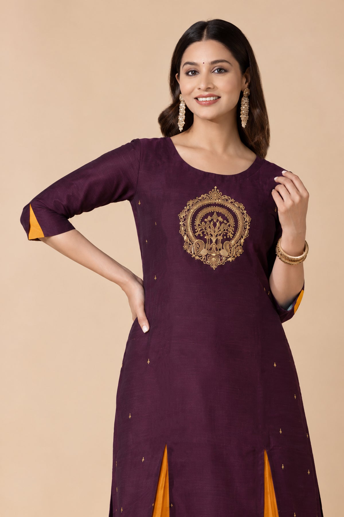 Peacock Embroidered Wine Kurta with Mustard Godets
