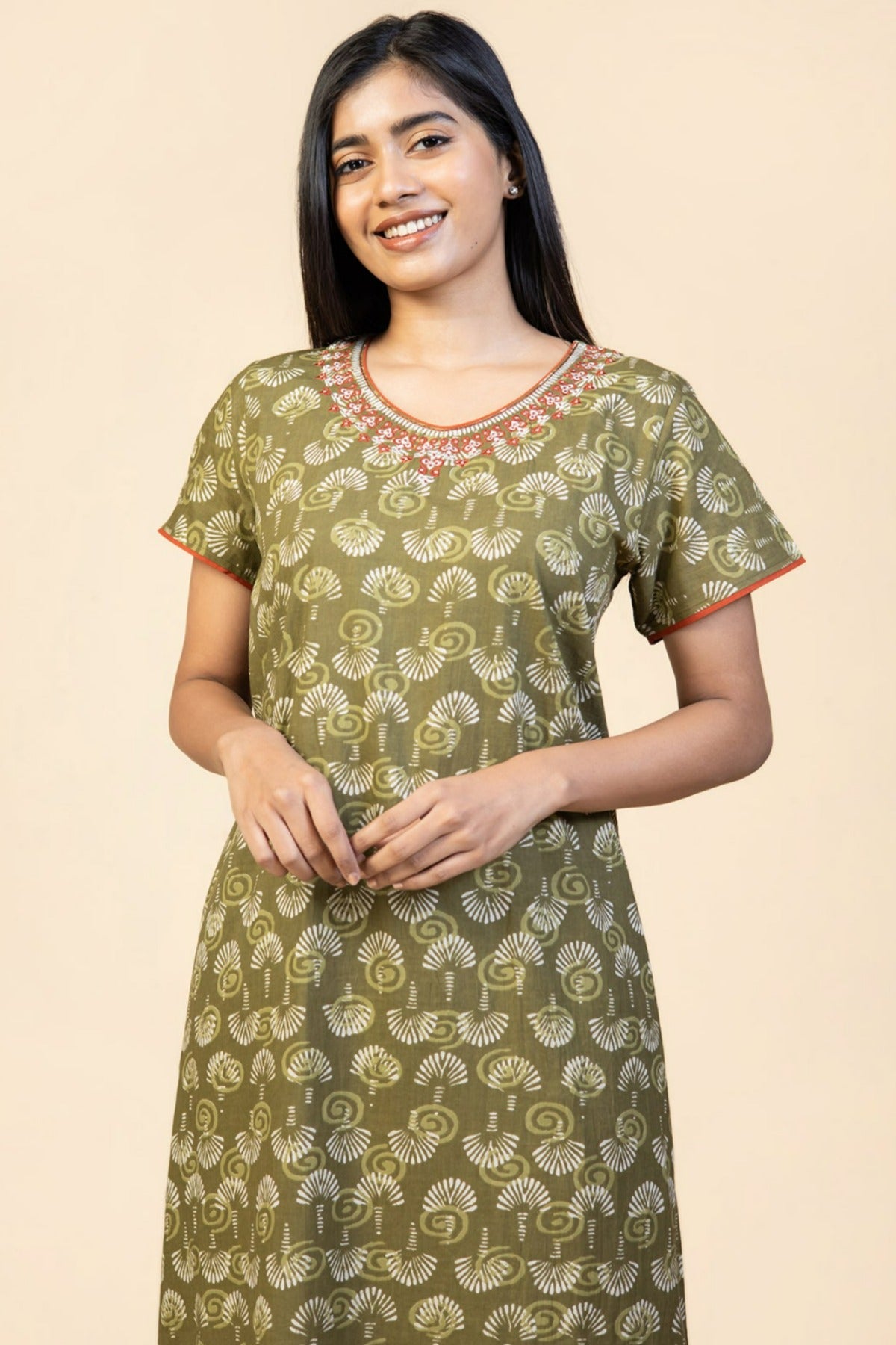 All Over Block Printed With Floral Embroidered Nighty - Green