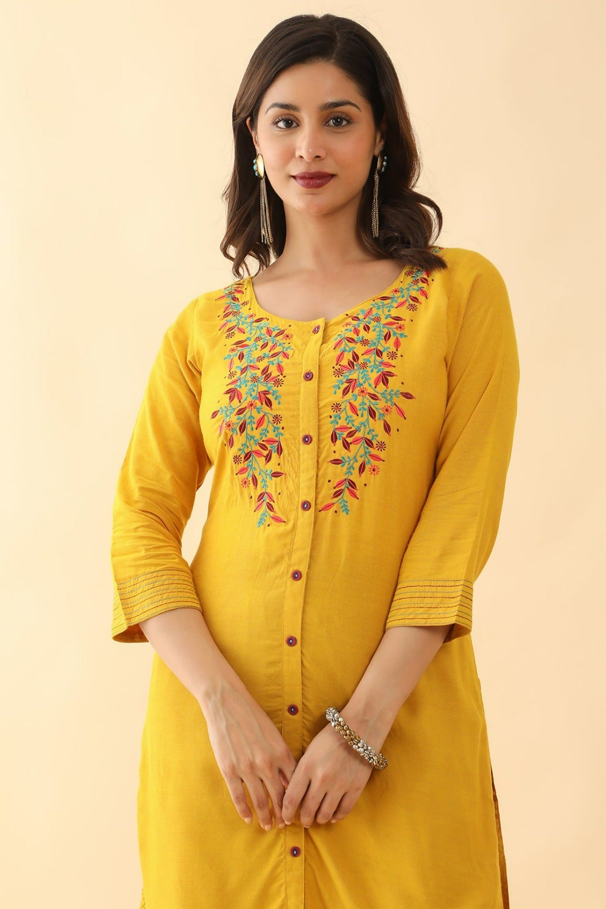 Floral Motif Embroidered Kurta Yellow