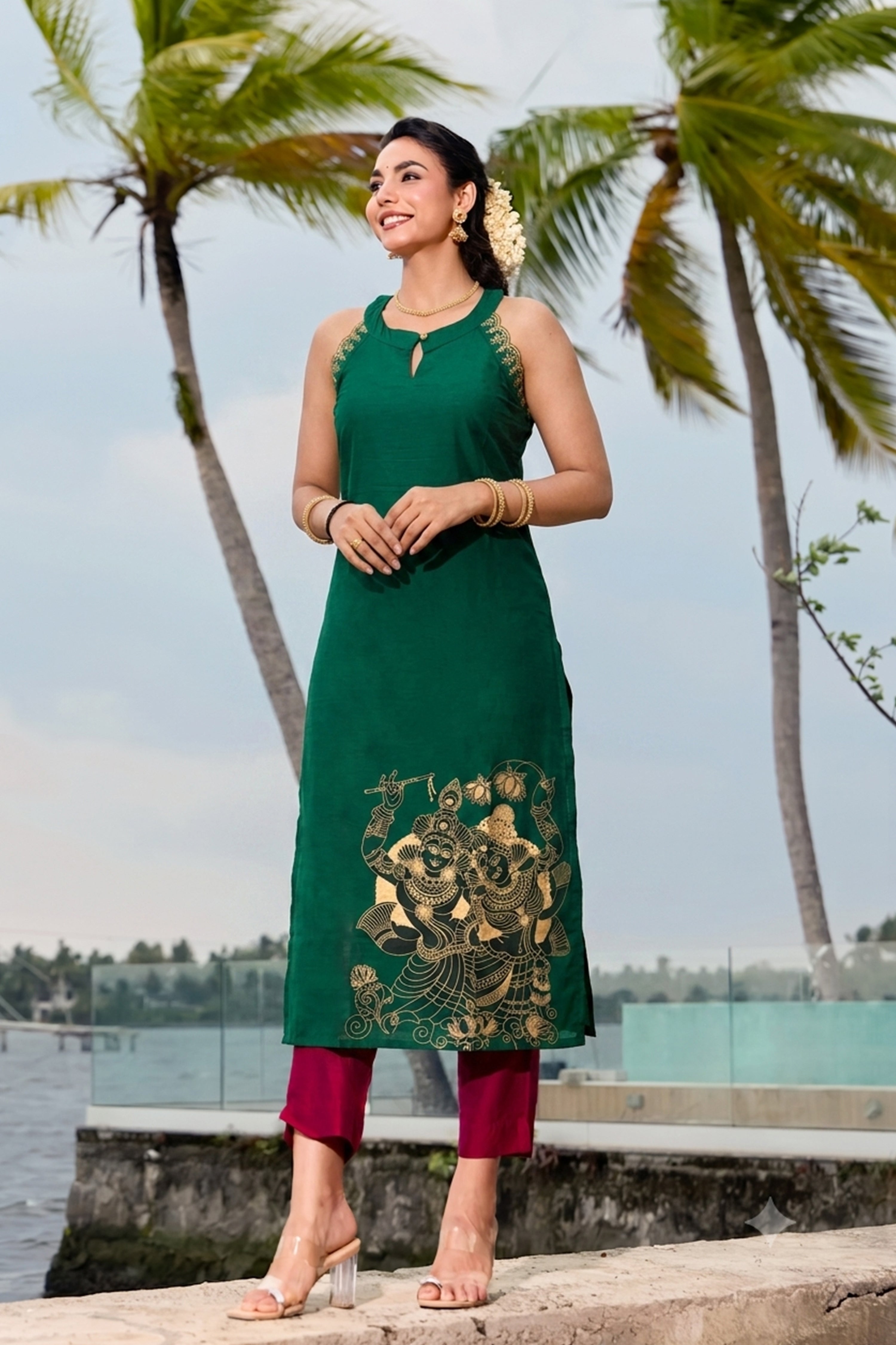 Green Mural Printed Raw Silk Kurta