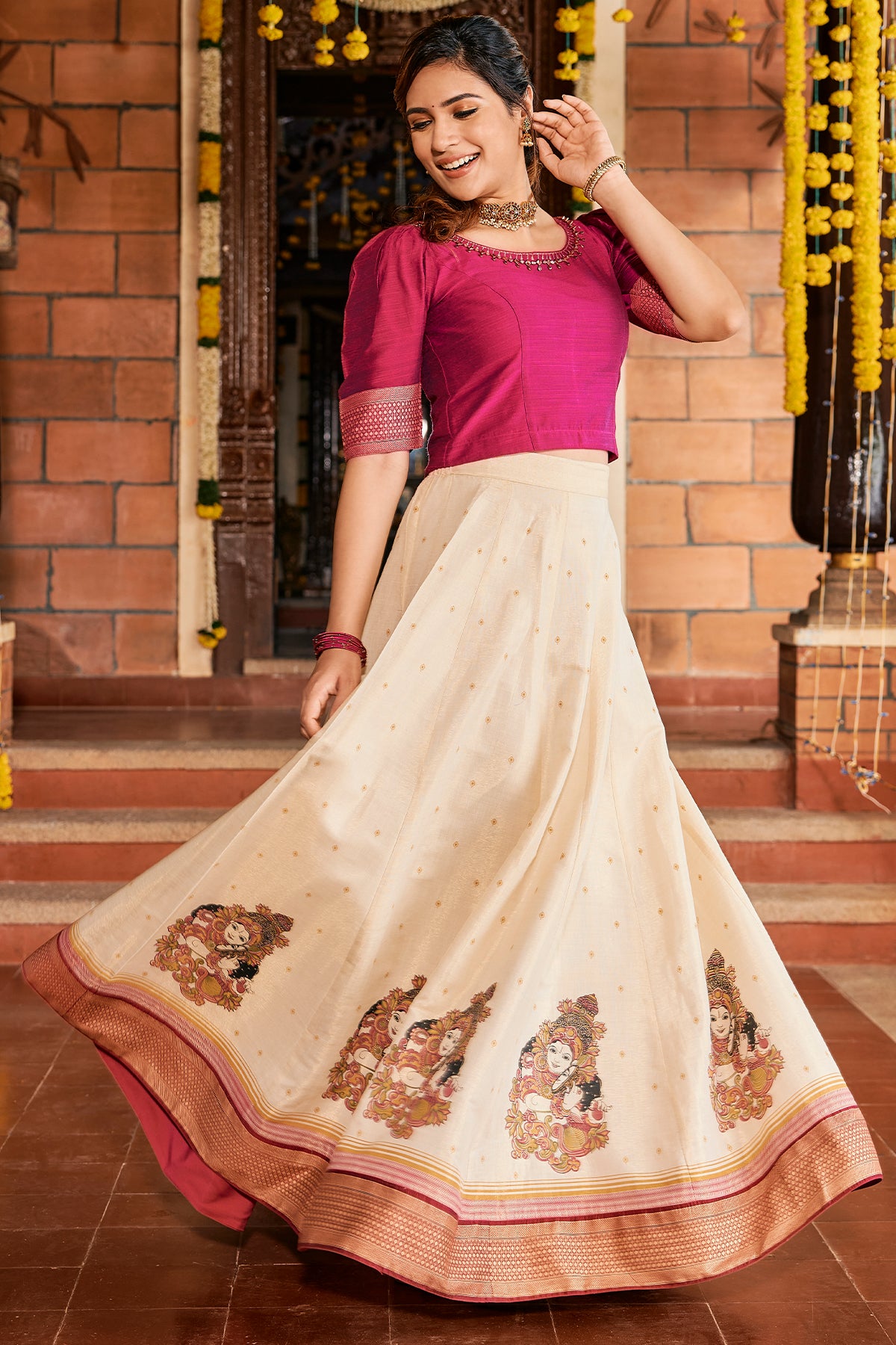 Kundan Stone Embellished Crop Top & Mural Printed Skirt Set - Pink & Off-White