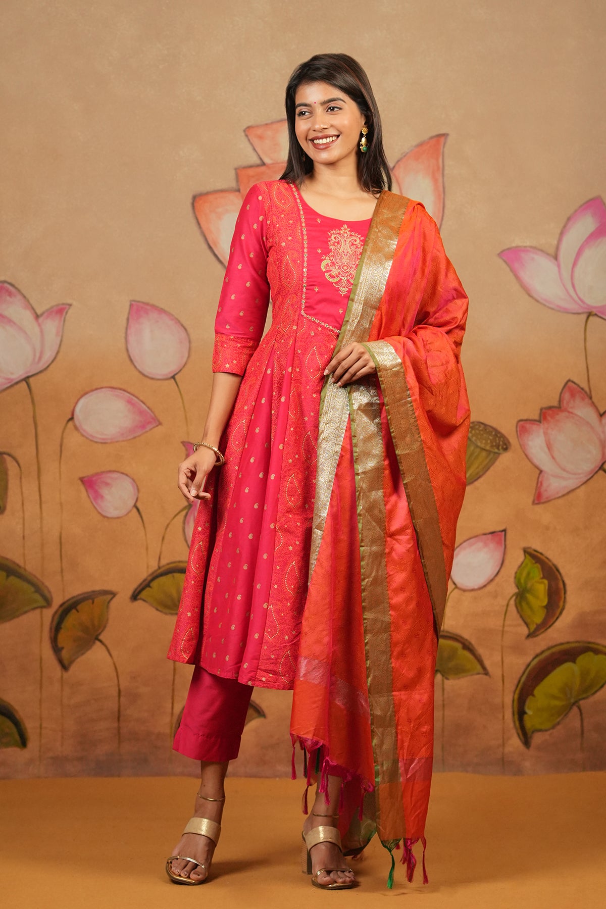 Paisley Embroidered Printed A Line Kurta Set Pink