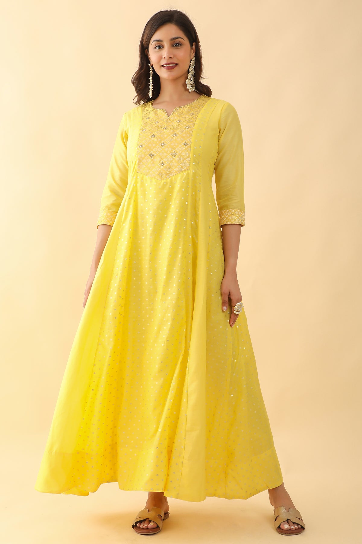 All Over Floral Weave With Brocade Yoke Anarkali Yellow