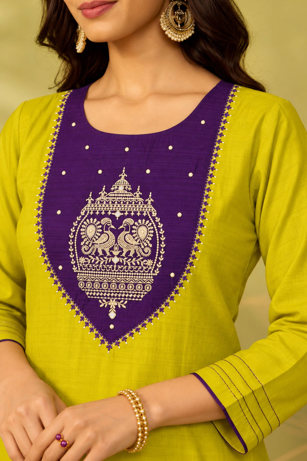 Mustard Green Peacock Embroidery Straight Festive Kurta