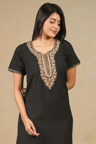 Allover Polka Dotted With Floral Embroidered Yoke Nighty - Black