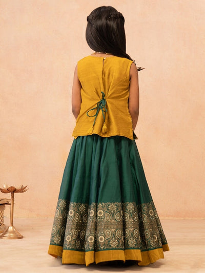 Contrast Paisley Embroidered Sleeveless Top & Printed Skirt Set - Mustard & Green