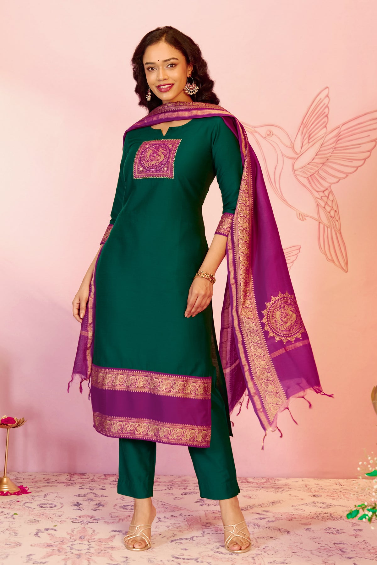 Green Peacock Woven Straight Kurta Set With Chanderi Dupatta