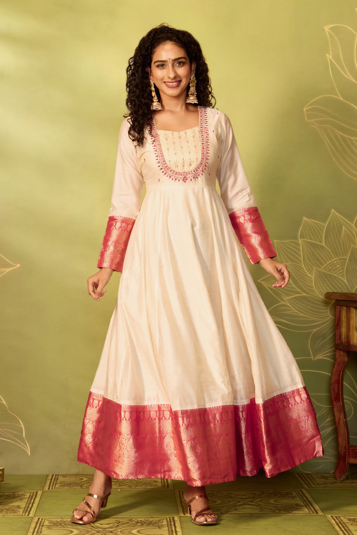 Off White Floral Brocade A-Line Anarkali