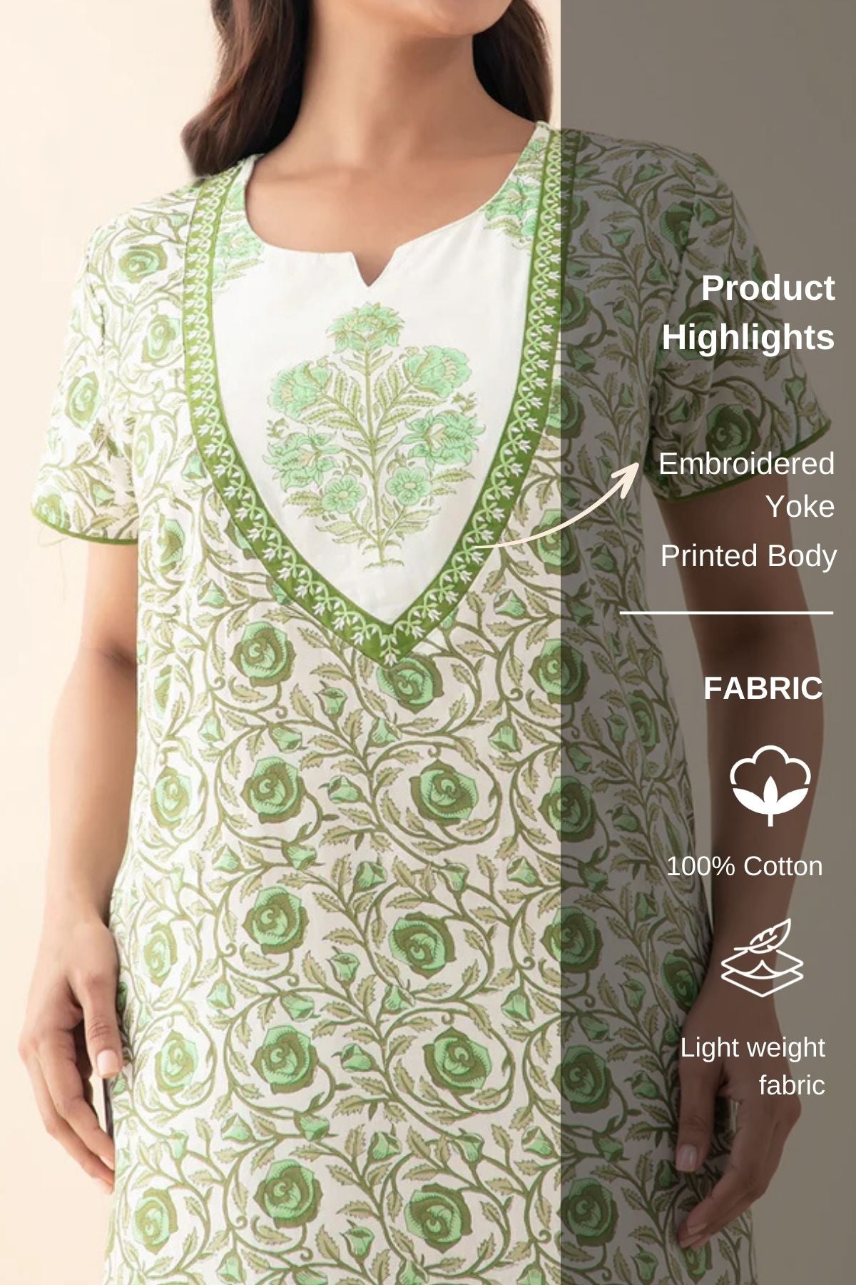 Floral Embroidered & Printed Nighty - Green