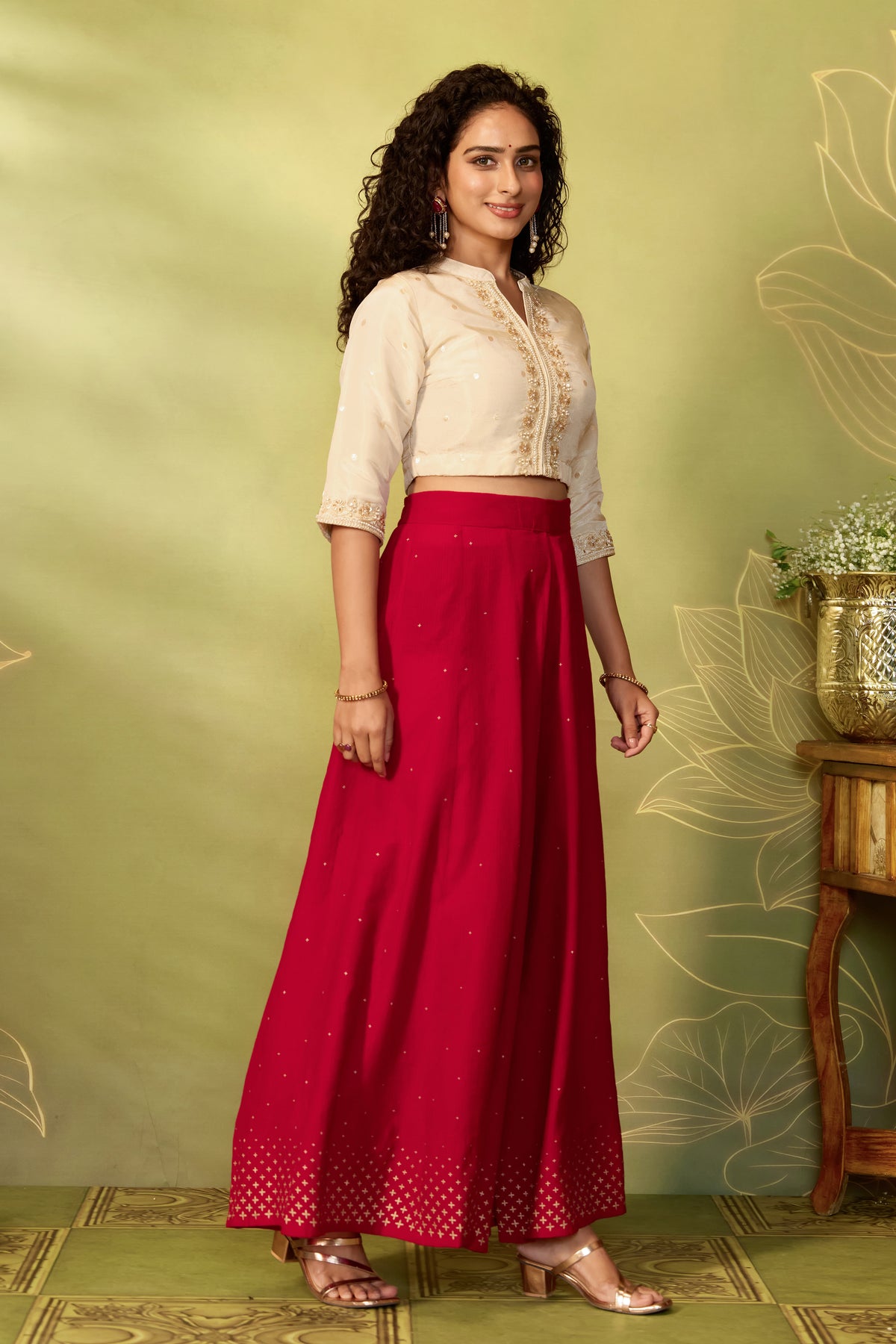 Off White Embroidered Chanderi Silk Crop Top
