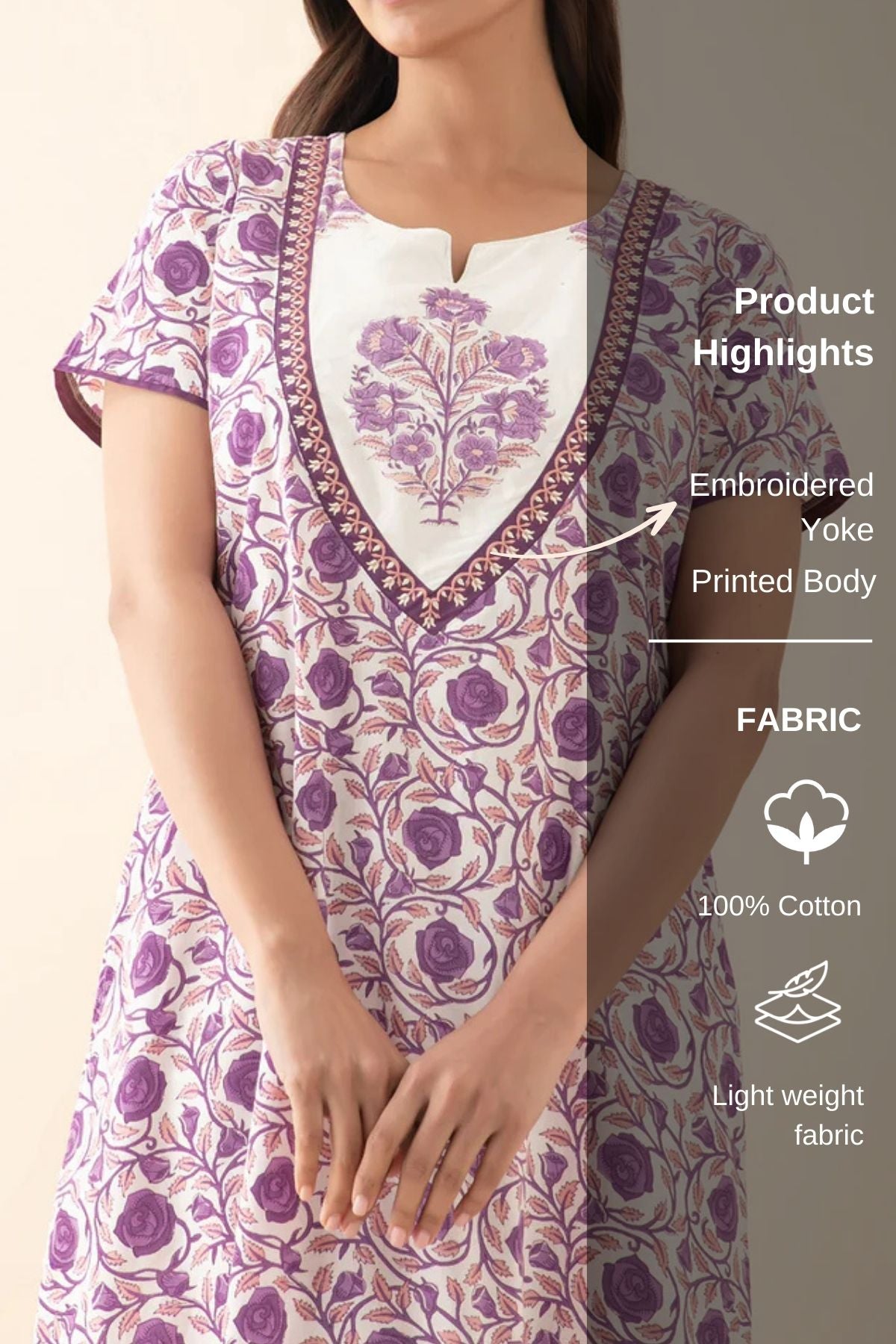 Floral Embroidered & Printed Nighty - Purple