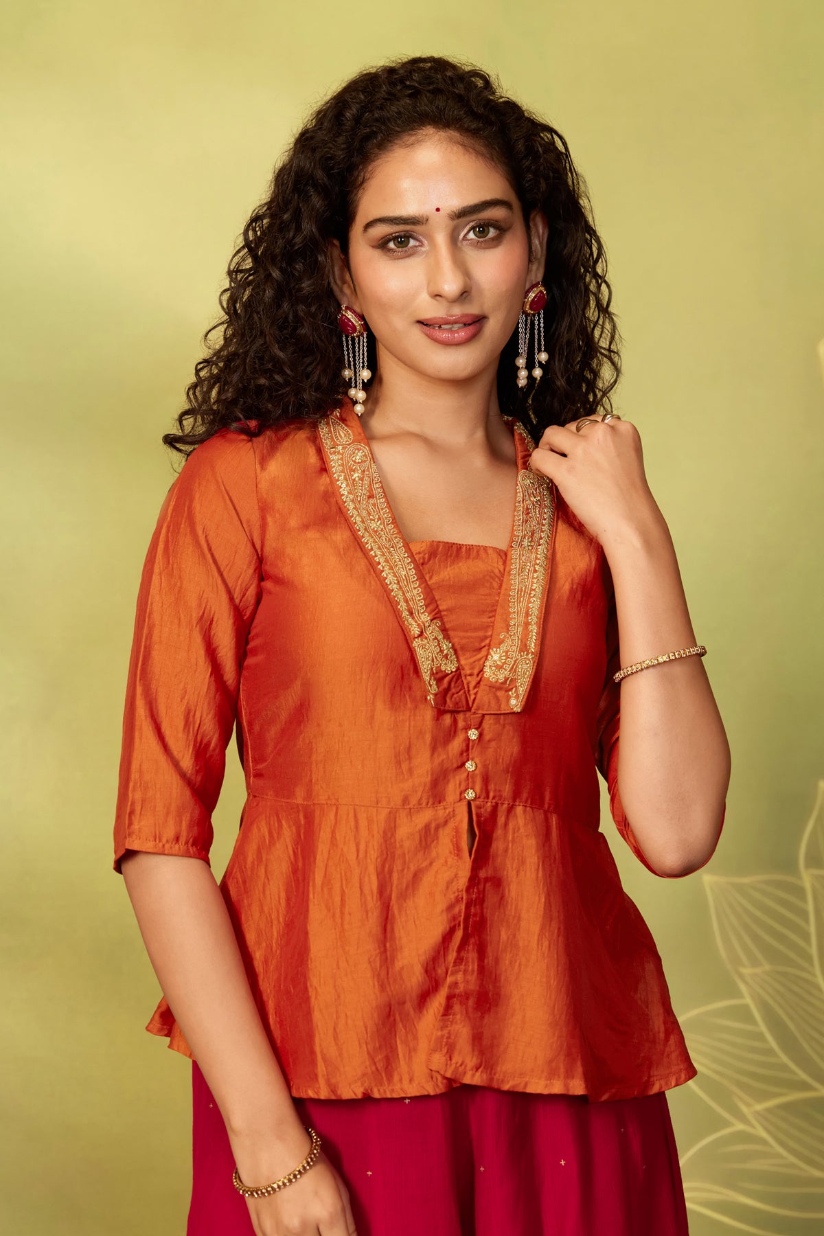 Orange Floral Embroidered Festive Peplum Tunic