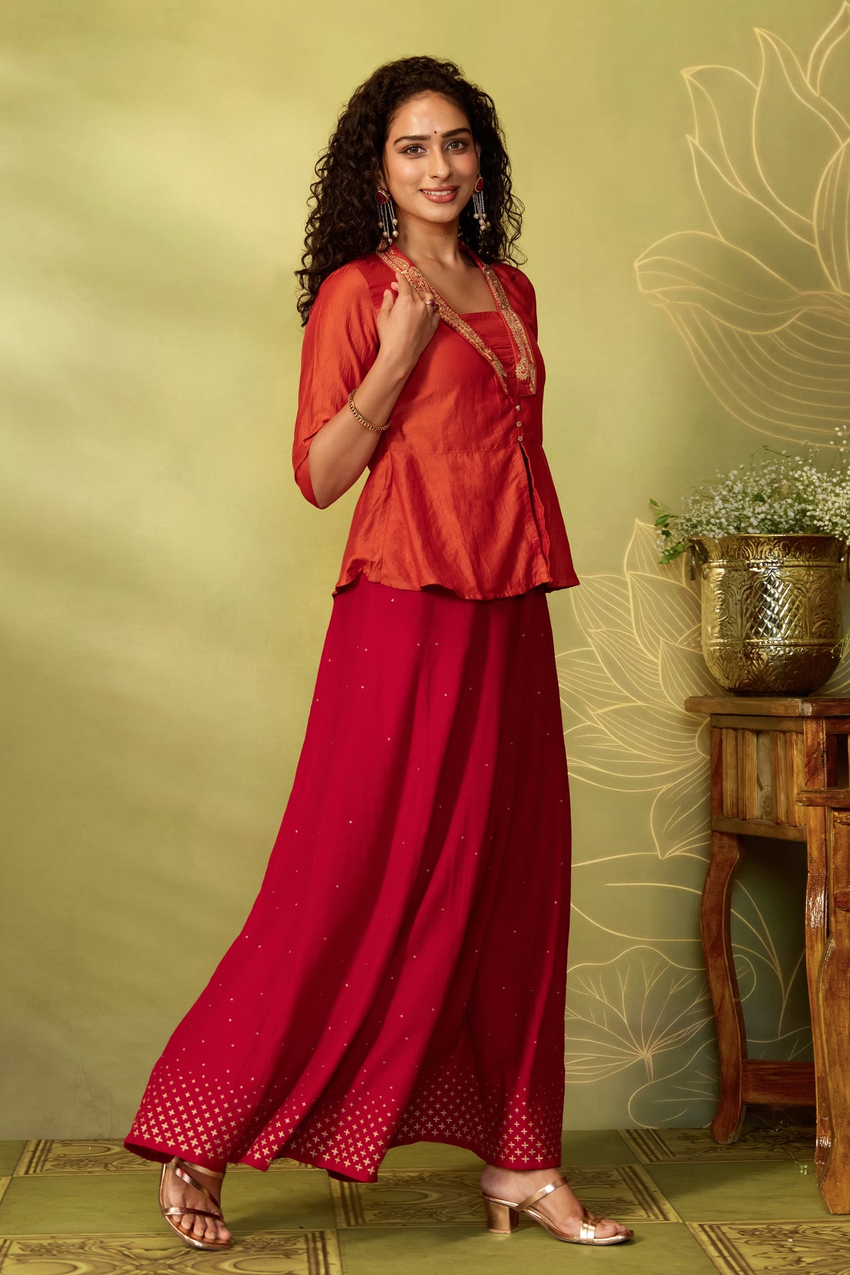 Red Printed Festive Divided  Skirt