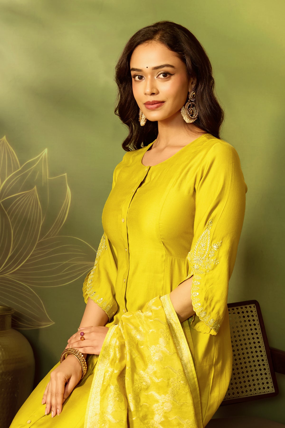 Mustard Yellow Floral A -Line Kurta Set With Brocade Dupatta