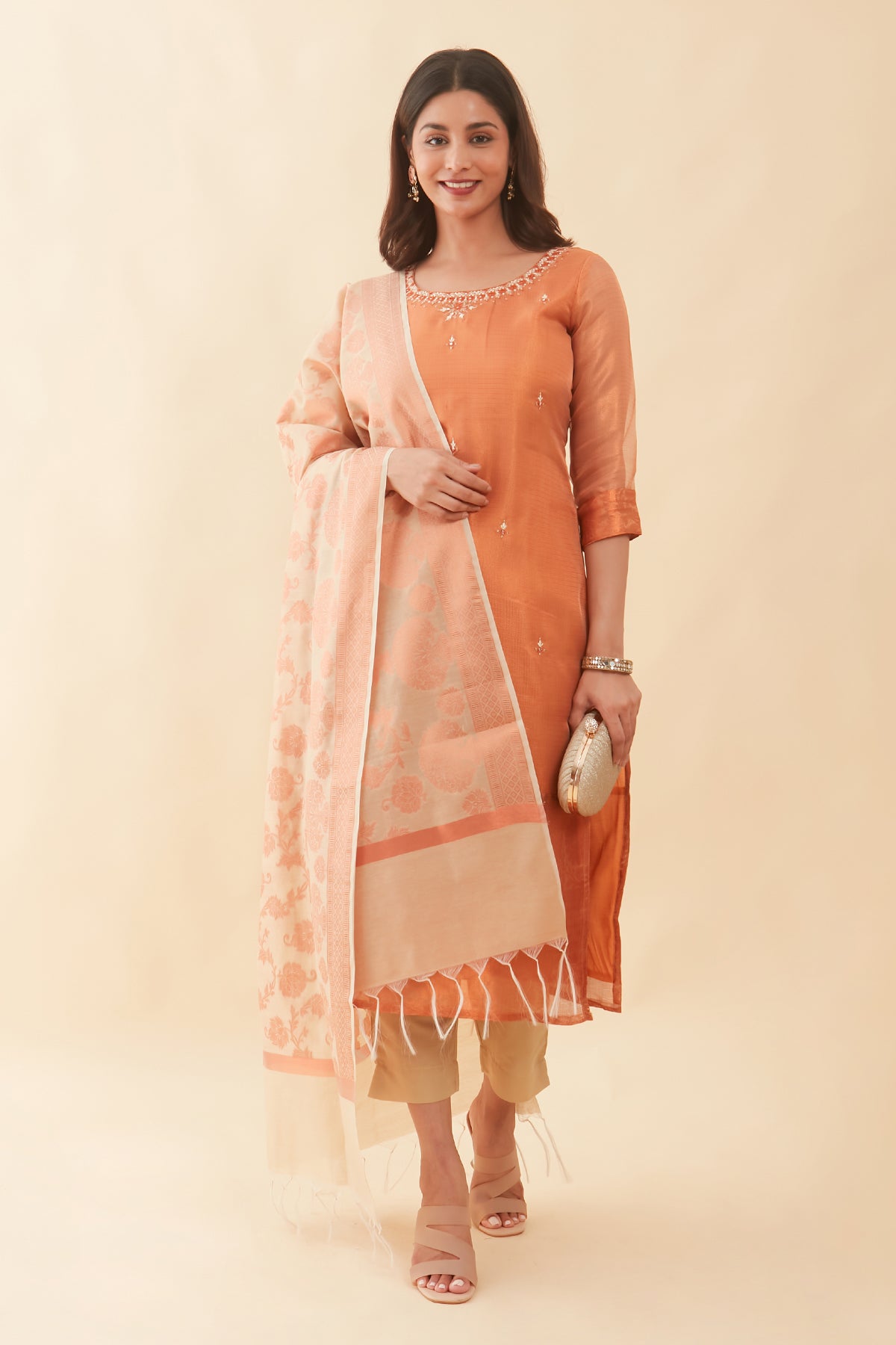 Floral Embroidered With Mirror Embellished Kurta Set With Brocade Dupatta - Orange & Beige