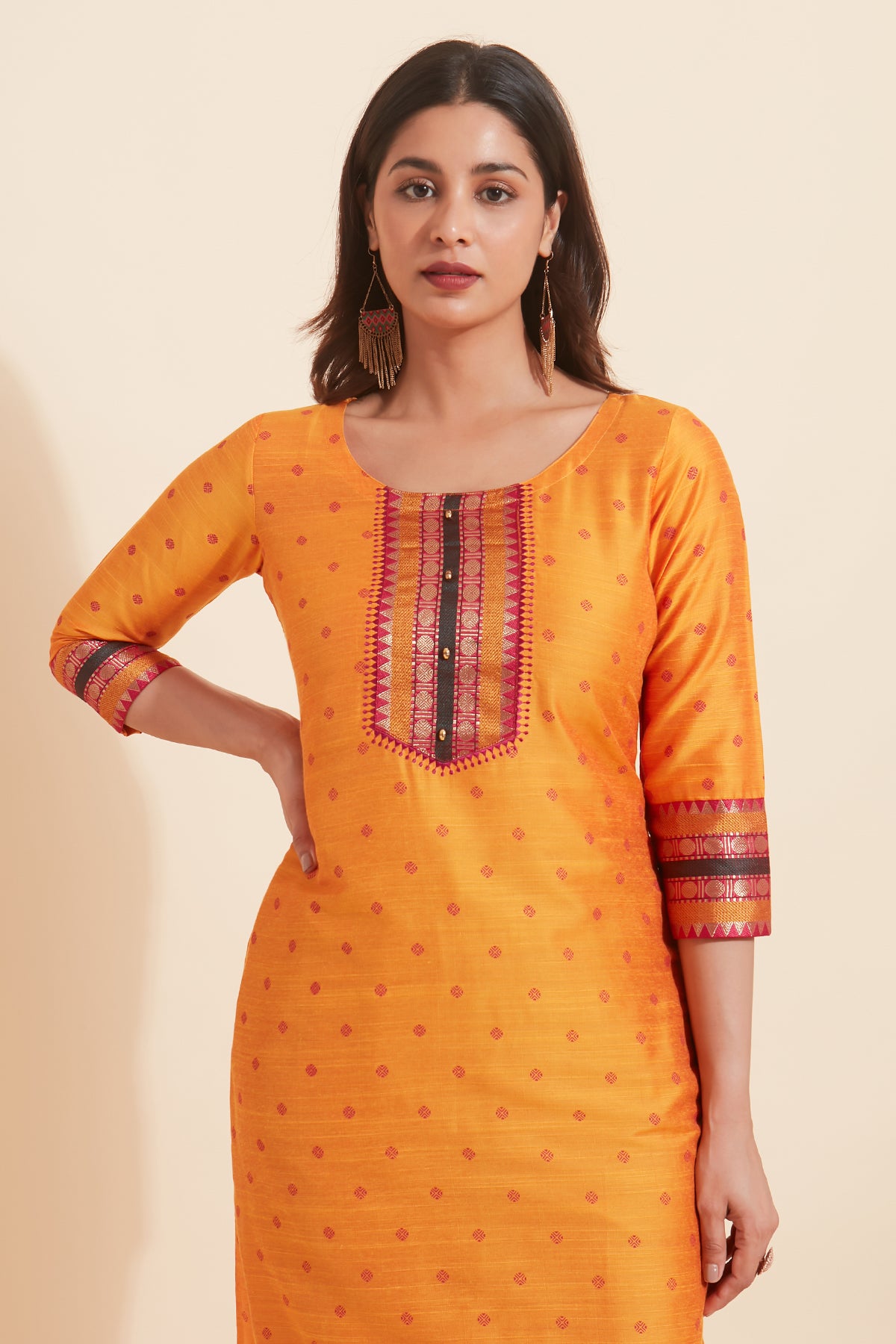 All Over Geometric Printed With Yoke Patchwork Kurta Yellow